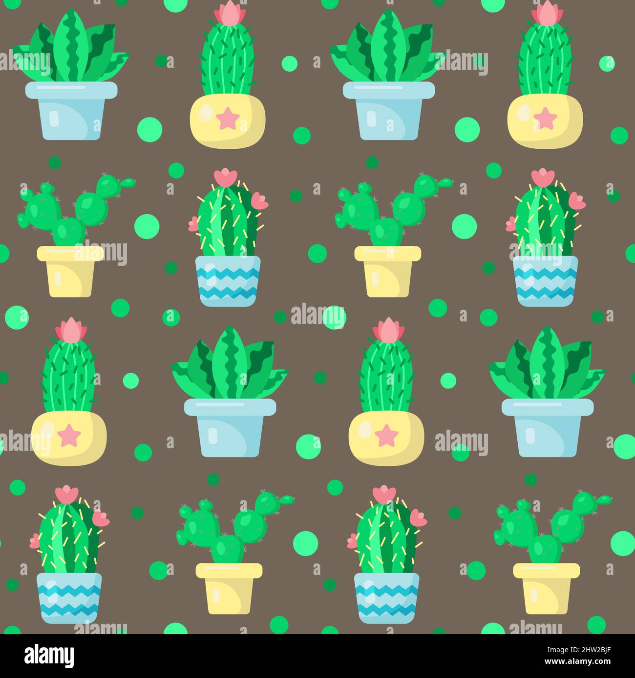 Modello senza cuciture con cactus verdi in pentole. Divertente cartoon stampa. Piante domestiche e domestiche, sfondo accogliente e carino. Stampa per tessuto, confezione regalo Illustrazione Vettoriale