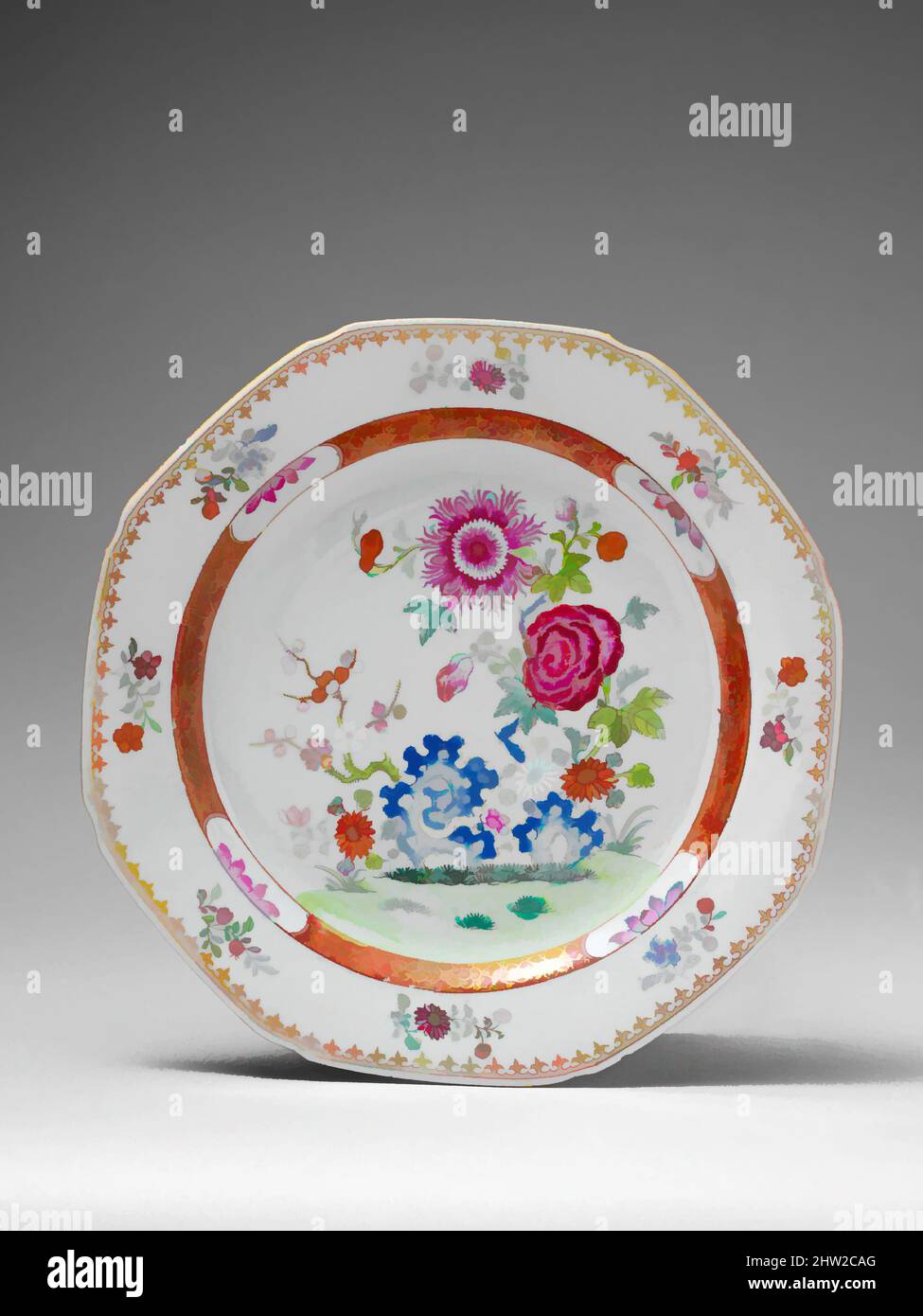 Art Inspired by Plate, 1765–70, Made in China, Chinese for export, porcellana, Diam. 8 3/8 poll. (21,3 cm), Ceramica, porcellana cinese di esportazione era uno dei lussi ritenuti essenziali per una casa ben arredata del XVIII secolo. Fino al 1784, quando iniziò il commercio diretto tra la Cina e, opere classiche modernizzate da Artotop con un tuffo di modernità. Forme, colore e valore, impatto visivo accattivante sulle emozioni artistiche attraverso la libertà delle opere d'arte in modo contemporaneo. Un messaggio senza tempo che persegue una nuova direzione selvaggiamente creativa. Artisti che si rivolgono al supporto digitale e creano l'NFT Artotop Foto Stock