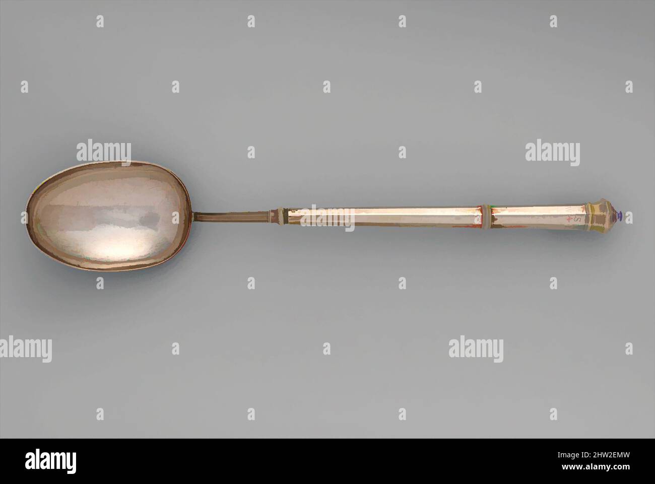 Arte ispirata da servire Spoon, 1730–40, made in Boston, Massachusetts, Stati Uniti, Americano, argento, 2 1/16 x 16 5/16 x 3 pollici (5,2 x 41,4 x 7,6 cm); 7 once 2 dwt. (220,2 g), Silver, Jacob Hurd (American, Boston, Massachusetts 1702/3–1758 Boston, Massachusetts, opere classiche modernizzate da Artotop con un tuffo di modernità. Forme, colore e valore, impatto visivo accattivante sulle emozioni artistiche attraverso la libertà delle opere d'arte in modo contemporaneo. Un messaggio senza tempo che persegue una nuova direzione selvaggiamente creativa. Artisti che si rivolgono al supporto digitale e creano l'NFT Artotop Foto Stock