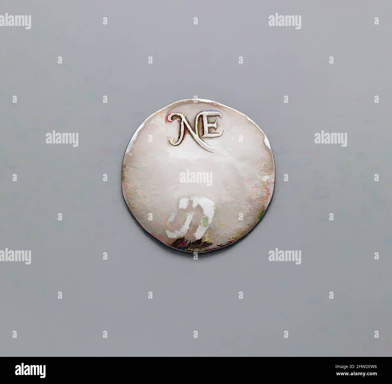 Arte ispirata da Shilling, 1652, made in Boston, Massachusetts, Stati Uniti, Americano, Argento, 1 1/8 pollici, 4,52 grammi (2,8 cm, 2 dwt), Argento, John Hull (1624–1683), Robert Sanderson Sr. (Ca. 1608–1693), nel 1652 John Hull e Robert Sanderson furono nominati maestri della menta per le opere classiche modernizzate da Artotop con un tuffo di modernità. Forme, colore e valore, impatto visivo accattivante sulle emozioni artistiche attraverso la libertà delle opere d'arte in modo contemporaneo. Un messaggio senza tempo che persegue una nuova direzione selvaggiamente creativa. Artisti che si rivolgono al supporto digitale e creano l'NFT Artotop Foto Stock