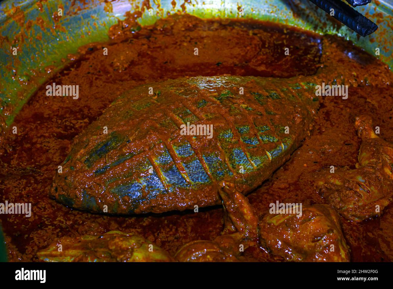 Preparazione per la cottura di alimenti di pesce. Ingredienti e spezie indiane per la preparazione di barbecue di pesce. Foto Stock