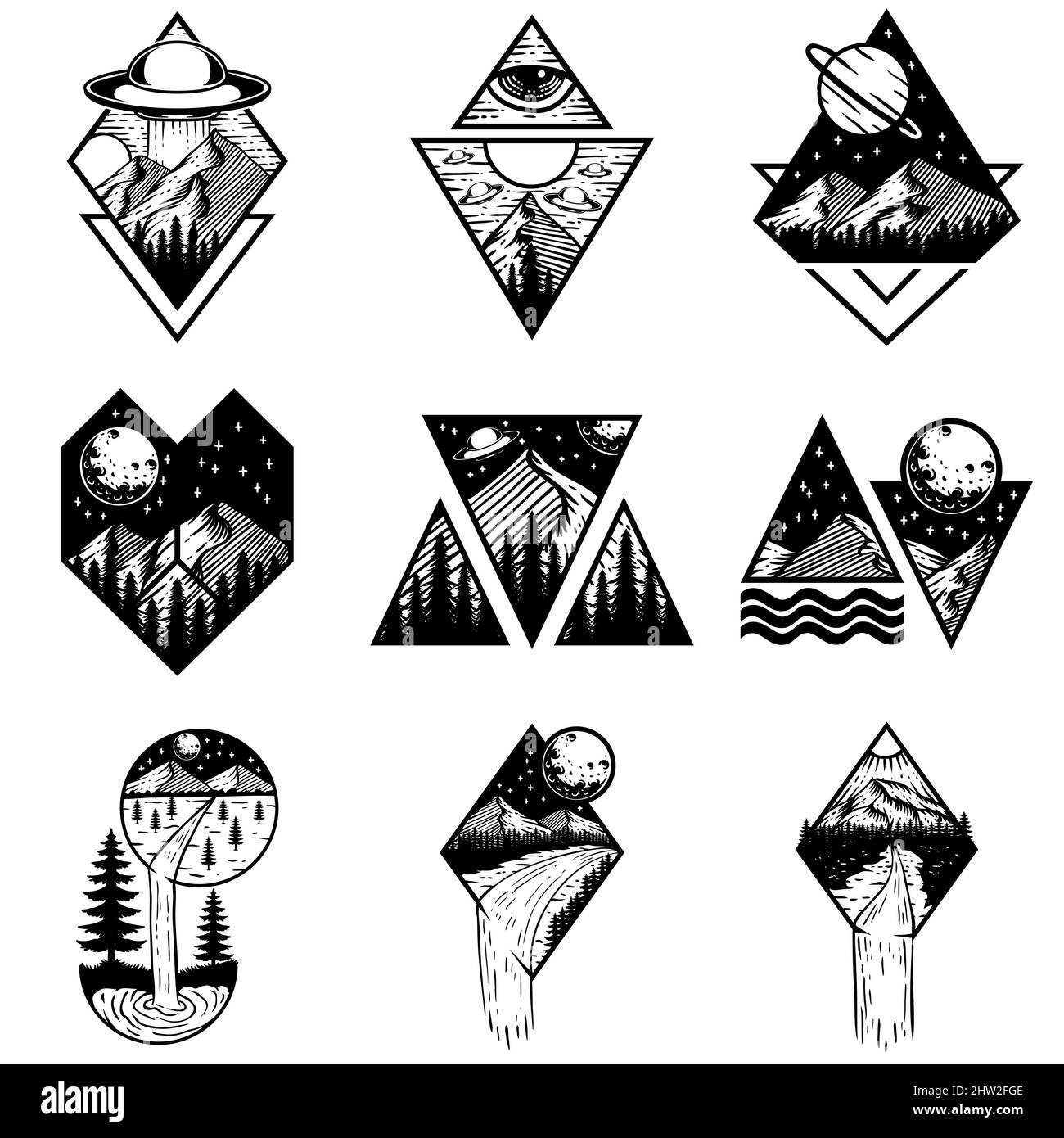 Mountain ufo set collezione Illustrazione Vettoriale