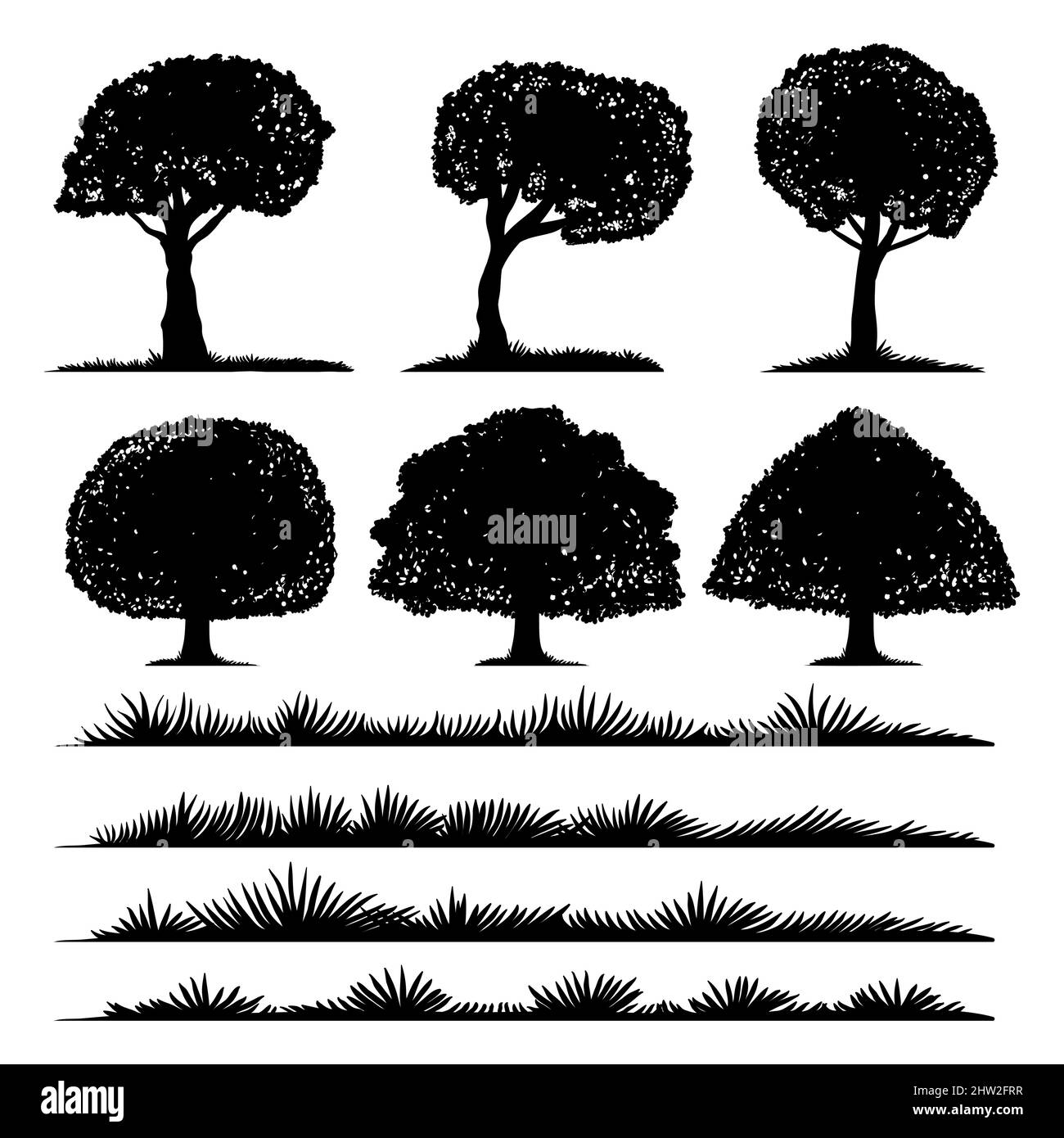 Silhouette di alberi e collezione di erba set Illustrazione Vettoriale