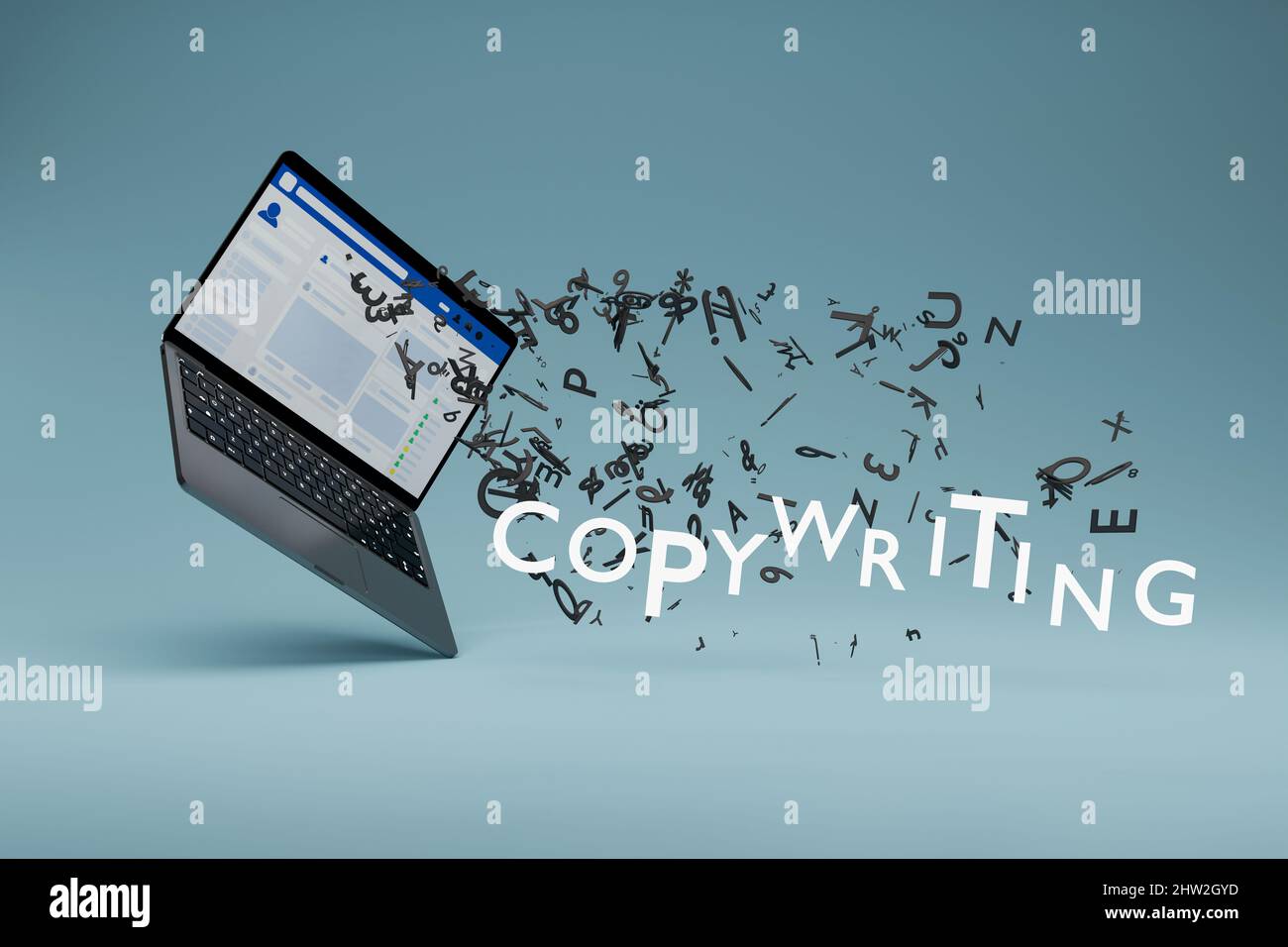 Copywriting per i social media, lettere che volano da un notebook. 3D Illustrazione Foto Stock