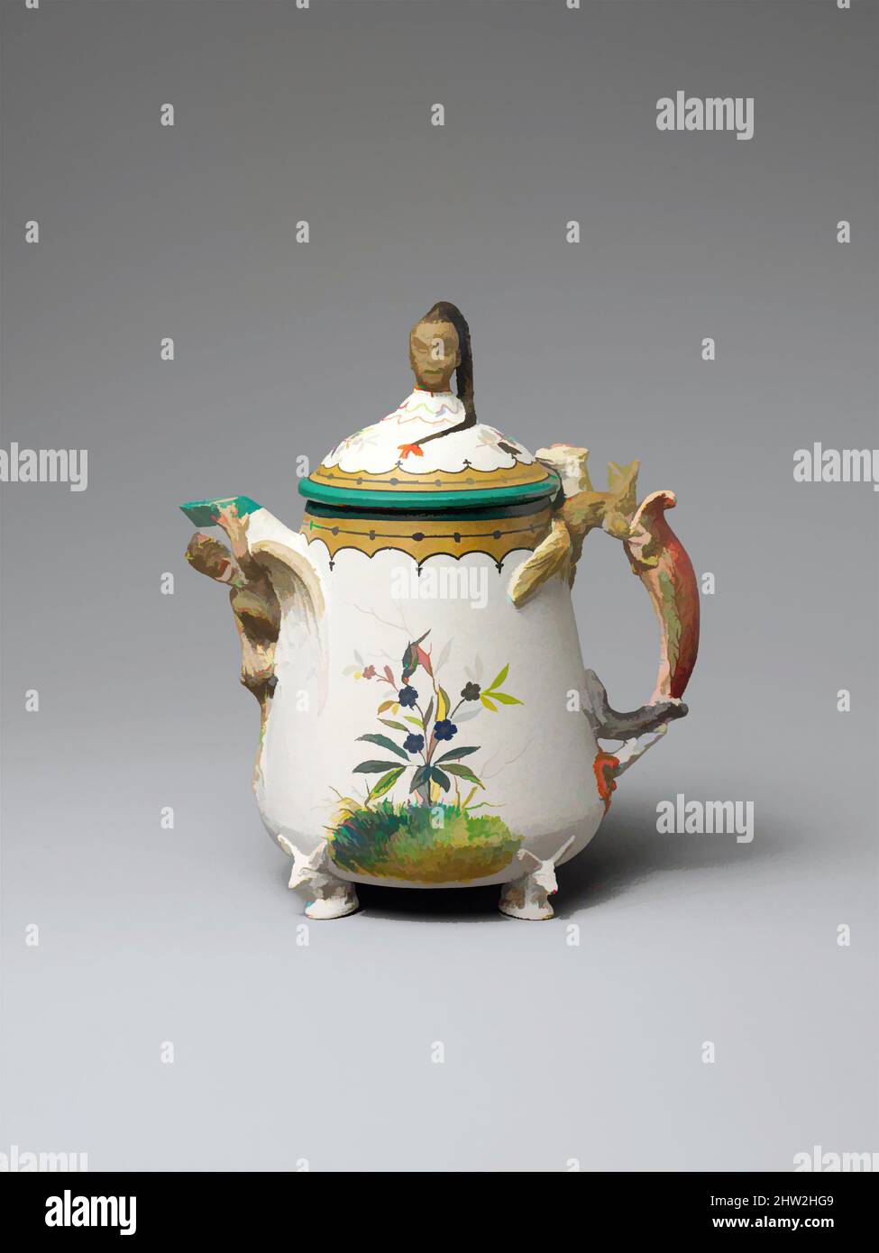 Arte ispirata a Teapot, ca. 1876, Made in Brooklyn, New York, Stati Uniti, America, Porcellana, 7 x 6 poll. (17,8 x 15,2 cm), la Ceramica, le finiali figurali, un uomo cinese sulla teiera e una raccoglitrice africana sulla ciotola di zucchero, alludono al presunto contenuto dei vasi in, opere classiche modernizzate da Artotop con un tuffo di modernità. Forme, colore e valore, impatto visivo accattivante sulle emozioni artistiche attraverso la libertà delle opere d'arte in modo contemporaneo. Un messaggio senza tempo che persegue una nuova direzione selvaggiamente creativa. Artisti che si rivolgono al supporto digitale e creano l'NFT Artotop Foto Stock