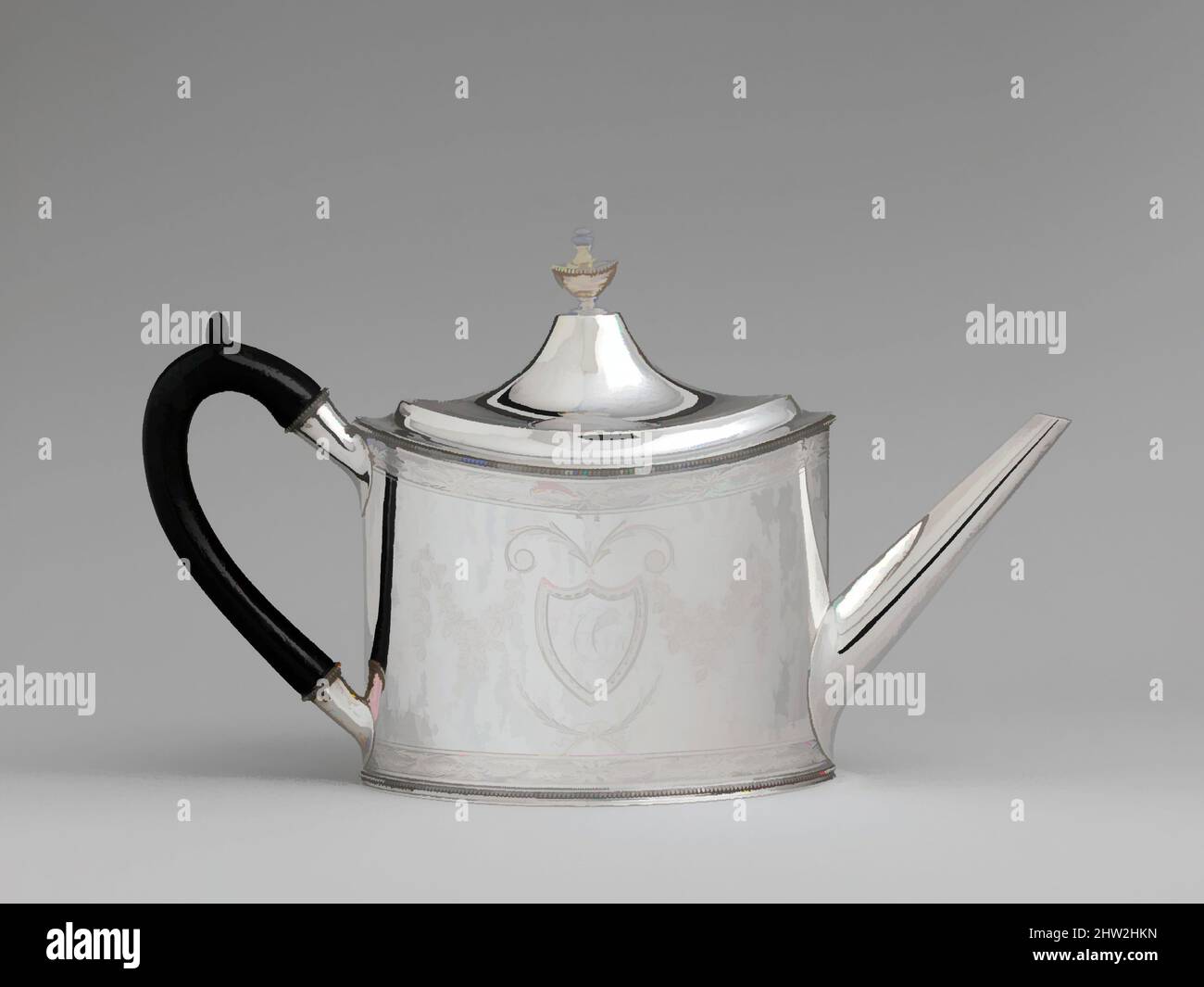 Arte ispirata a Teapot, ca. 1795, made in New York, New York, Stati Uniti, America, Argento, Totale: 7 9/16 x 12 5/8 poll. (19,2 x 32,1 cm); 24 once 2 dwt. (750 g), Silver, John A. Schanck (New Jersey 1774–1864 New Jersey, opere classiche modernizzate da Artotop con un tocco di modernità. Forme, colore e valore, impatto visivo accattivante sulle emozioni artistiche attraverso la libertà delle opere d'arte in modo contemporaneo. Un messaggio senza tempo che persegue una nuova direzione selvaggiamente creativa. Artisti che si rivolgono al supporto digitale e creano l'NFT Artotop Foto Stock