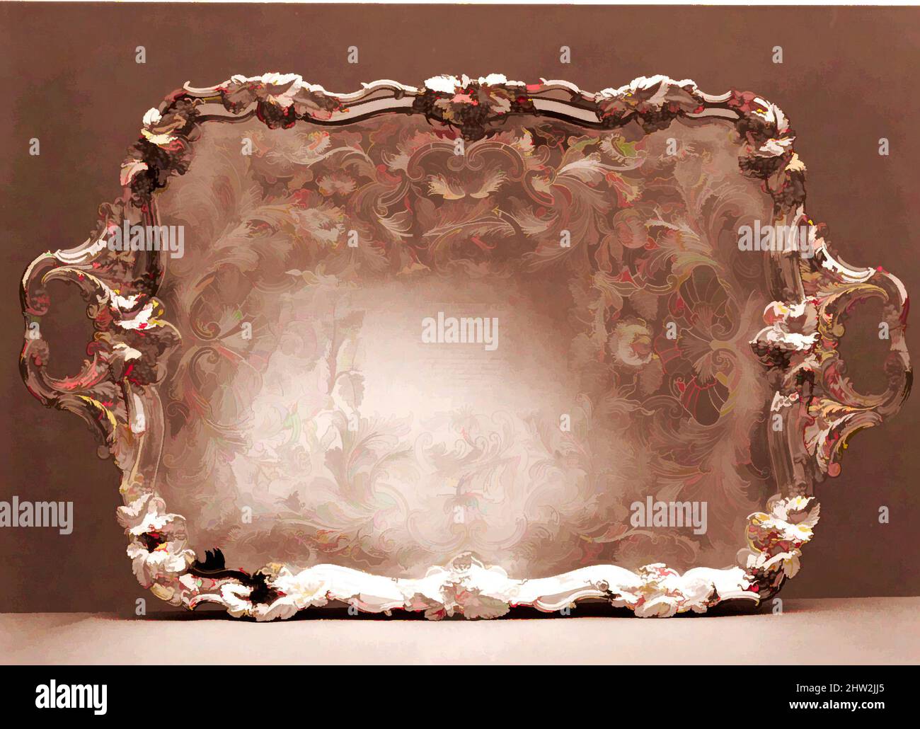 Arte ispirata a Tray, 1835–50, made in South Yorkshire, Sheffield, Inghilterra, americano, piastra d'argento fusa, 2 3/4 x 36 15/16 x 23 1/8 poll. (7 x 93,8 x 58,7 cm); 293 once 1 dwt. (9114,4 g), Silver, James Dixon & Sons (britannico, fondò Sheffield, 1806), questo servizio di tè e caffè era, opere classiche modernizzate da Artotop con un tuffo di modernità. Forme, colore e valore, impatto visivo accattivante sulle emozioni artistiche attraverso la libertà delle opere d'arte in modo contemporaneo. Un messaggio senza tempo che persegue una nuova direzione selvaggiamente creativa. Artisti che si rivolgono al supporto digitale e creano l'NFT Artotop Foto Stock