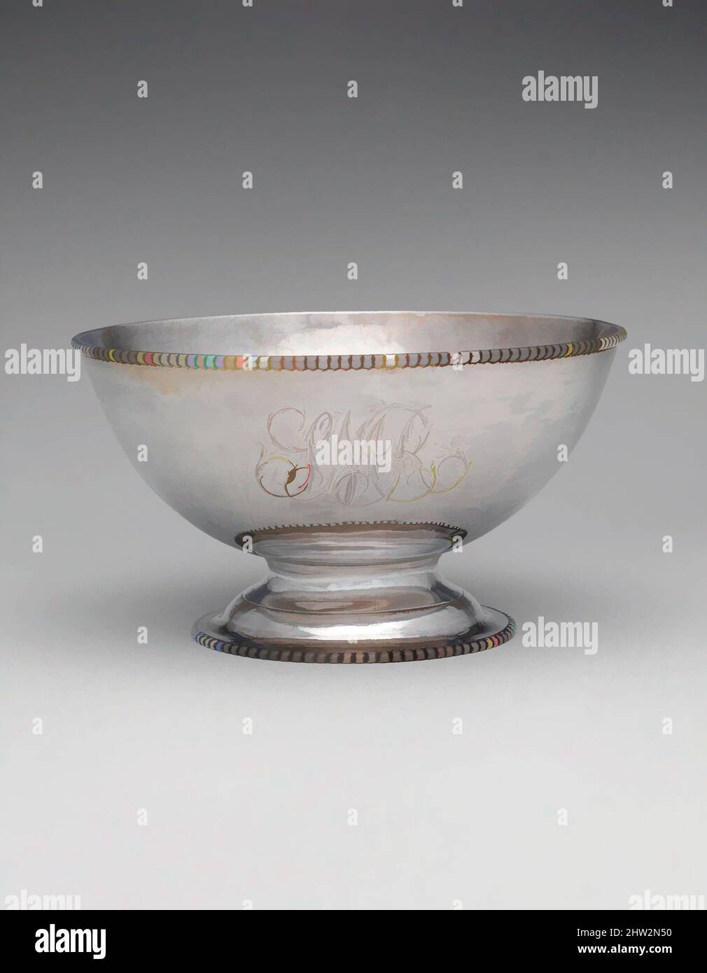 Arte ispirata da Waste Bowl, 1770–1795, made in Philadelphia, Pennsylvania, Stati Uniti, Americano, argento, totale: 3 1/2 x 6 5/16 pollici (8,9 x 16 cm); 11 once 2 dwt. (344,5 g), Argento, John Letelier Sr. (Ca. 1740–1798, opere classiche modernizzate da Artotop con un tocco di modernità. Forme, colore e valore, impatto visivo accattivante sulle emozioni artistiche attraverso la libertà delle opere d'arte in modo contemporaneo. Un messaggio senza tempo che persegue una nuova direzione selvaggiamente creativa. Artisti che si rivolgono al supporto digitale e creano l'NFT Artotop Foto Stock
