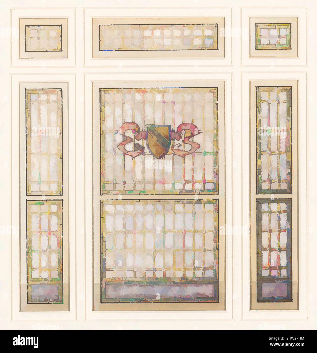 Art Inspired by Design for a window, 1902–3, made in New York, United States, American, Watercolor, gouache, Inchiostro a penna e metallico e grafite su carta bianca non bianca, totale: 15 3/16 x 13 11/16 pollici (38,5 x 34,8 cm), disegni, Tiffany Studios (1902–32), nel 1900, Presidente William, Opere classiche modernizzate da Artotop con un tocco di modernità. Forme, colore e valore, impatto visivo accattivante sulle emozioni artistiche attraverso la libertà delle opere d'arte in modo contemporaneo. Un messaggio senza tempo che persegue una nuova direzione selvaggiamente creativa. Artisti che si rivolgono al supporto digitale e creano l'NFT Artotop Foto Stock