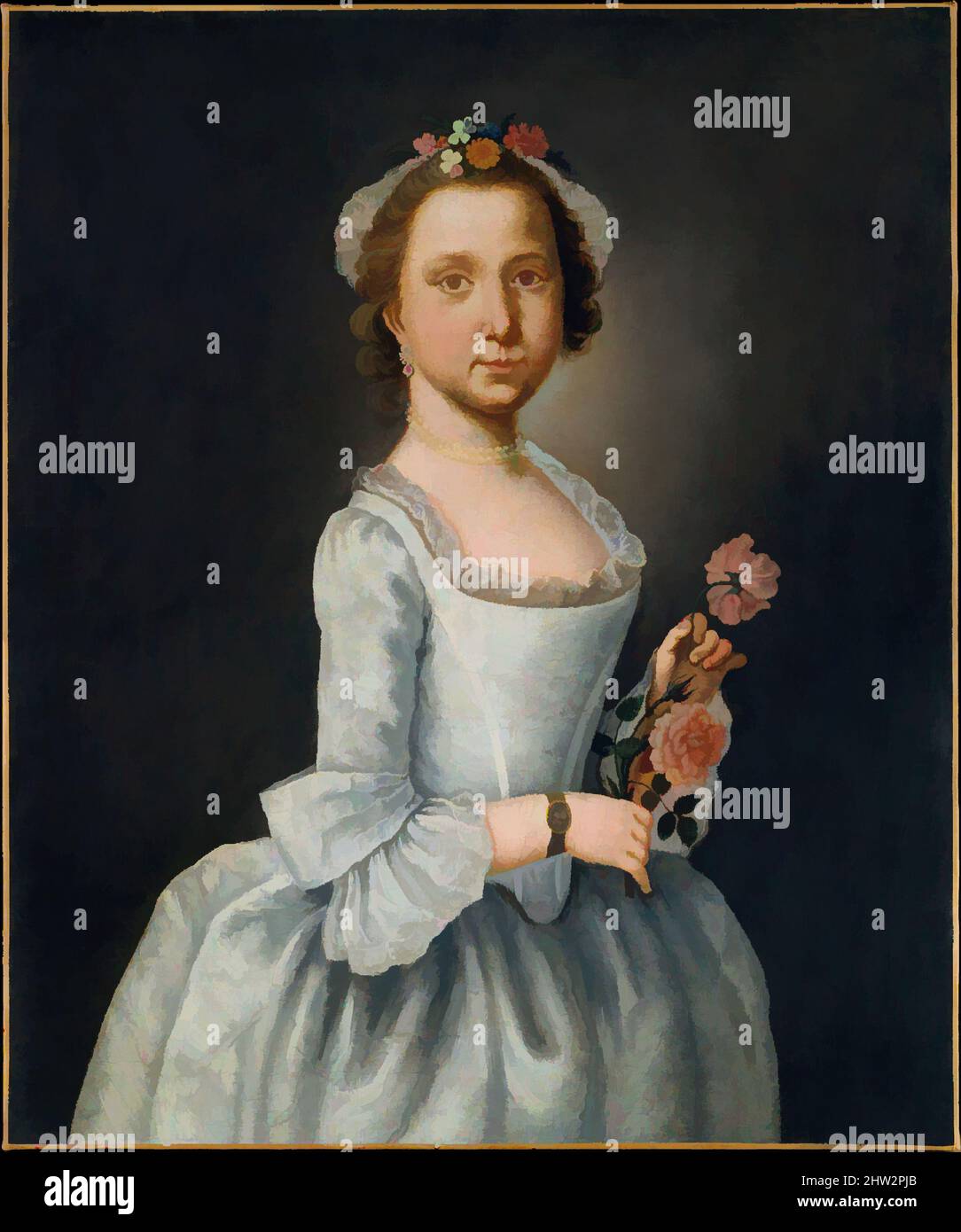 Arte ispirata da Ritratto di una Signora, 1764, made in United States, olio su tela, 30 x 25 poll. (76,2 x 63,5 cm), dipinti, Lawrence Kilburn (o Kilbrunn) (1720–1775), Kilburn arrivò a New York da Londra nel 1754 e rimase il più incomparabile ritrattista di scelta in città per quasi, opere classiche modernizzate da Artotop con un tuffo di modernità. Forme, colore e valore, impatto visivo accattivante sulle emozioni artistiche attraverso la libertà delle opere d'arte in modo contemporaneo. Un messaggio senza tempo che persegue una nuova direzione selvaggiamente creativa. Artisti che si rivolgono al supporto digitale e creano l'NFT Artotop Foto Stock