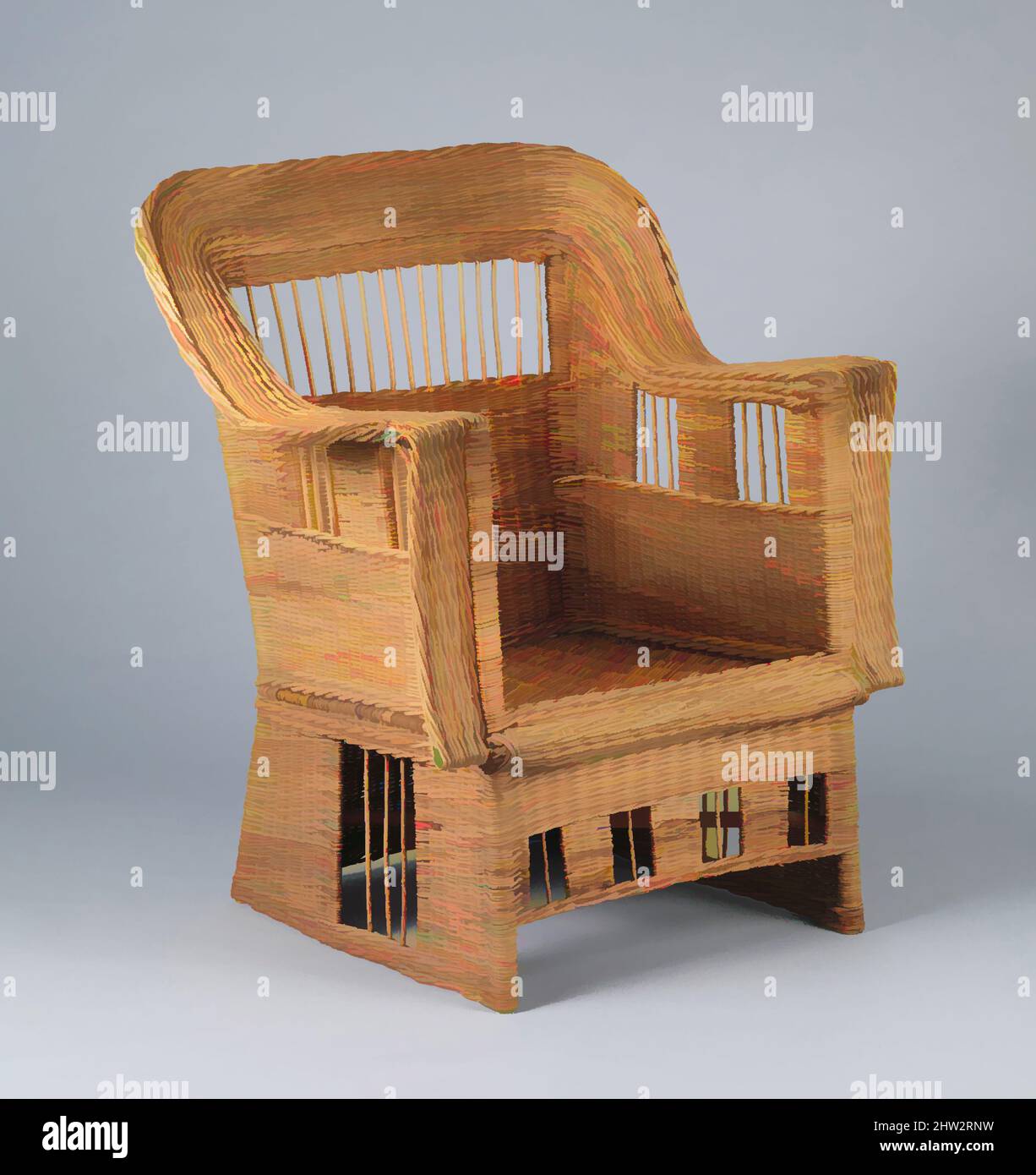 Art Inspired by Armchair, ca7–13, American, Willow (cuscini imbottiti non originali), 40 x 33 x 26 1/4" (101,6 x 83,8 x 66,7 cm), Mobili, Gustav Stickley (americano, Osceola, Wisconsin 1858–1942 Siracusa, New York, opere classiche modernizzate da Artotop con un tocco di modernità. Forme, colore e valore, impatto visivo accattivante sulle emozioni artistiche attraverso la libertà delle opere d'arte in modo contemporaneo. Un messaggio senza tempo che persegue una nuova direzione selvaggiamente creativa. Artisti che si rivolgono al supporto digitale e creano l'NFT Artotop Foto Stock