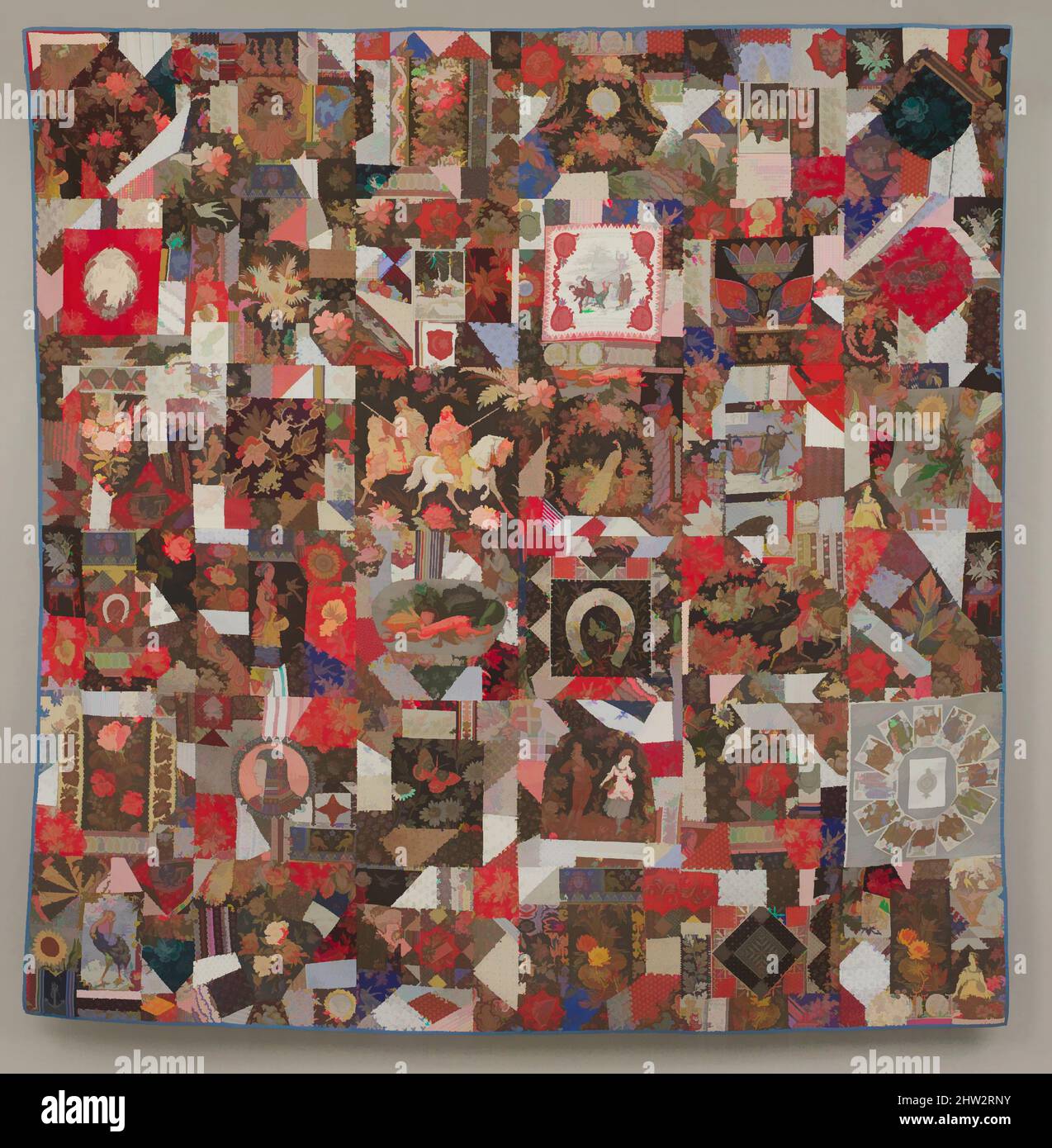 Arte ispirata a Crazy Quilt, ca. 1880–85, fabbricato in New England, Stati Uniti, America, cotone, 80 1/4 x 80 poll. (203,8 x 203,2 cm), tessuti, trapunte pazzo, una moda negli ultimi decenni del XIX secolo, erano più comunemente pieced da pezzi di velluto e seta di forma irregolare, opere classiche modernizzate da Artotop con un tuffo di modernità. Forme, colore e valore, impatto visivo accattivante sulle emozioni artistiche attraverso la libertà delle opere d'arte in modo contemporaneo. Un messaggio senza tempo che persegue una nuova direzione selvaggiamente creativa. Artisti che si rivolgono al supporto digitale e creano l'NFT Artotop Foto Stock