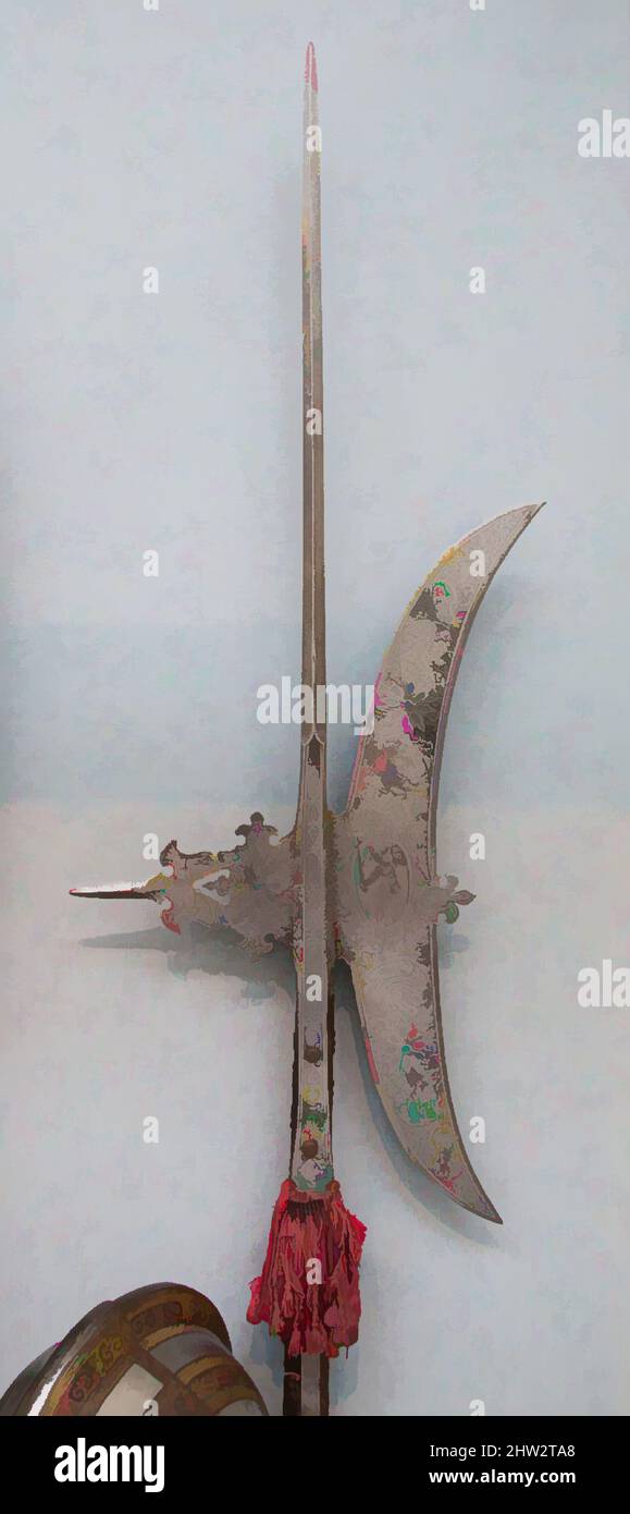 Arte ispirata da Halberd, ca. 1590–1600, italiano, acciaio, legno, tessile, L. 108 poll. (274,32 cm); L. di testa (escluse le cinghie) 39 3/4" (100,97 cm); W. maggiore 14 1/2" (36,83 cm); peso 8 libbre 8 once (3856 g), armi Shafted, opere classiche modernizzate da Artotop con un tuffo di modernità. Forme, colore e valore, impatto visivo accattivante sulle emozioni artistiche attraverso la libertà delle opere d'arte in modo contemporaneo. Un messaggio senza tempo che persegue una nuova direzione selvaggiamente creativa. Artisti che si rivolgono al supporto digitale e creano l'NFT Artotop Foto Stock