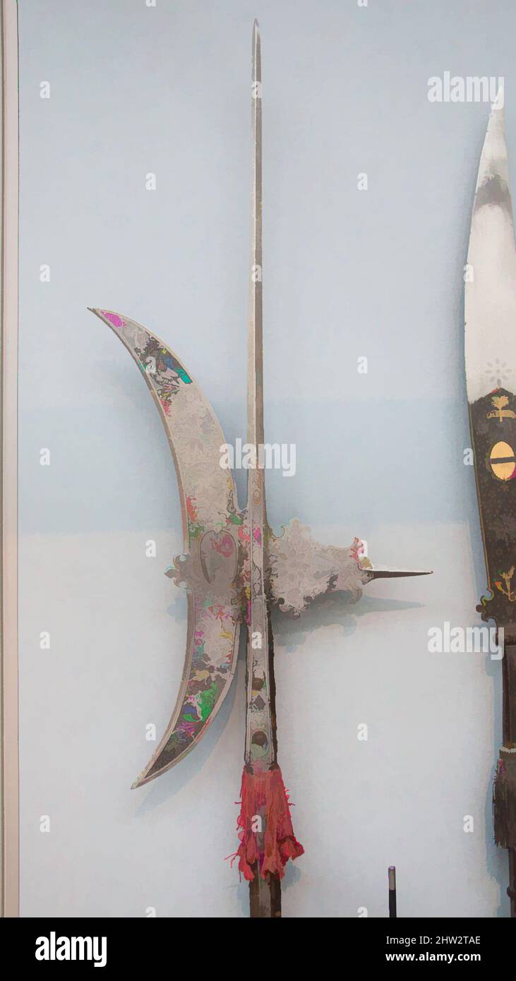 Arte ispirata da Halberd, ca. 1590–1600, italiano, acciaio, legno, tessile, Ottone, L. 108 1/4 poll. (274,96 cm); L. di testa (escluse le cinghie) 37" (93,98 cm); W. maggiore 15 3/8" (39,04 cm); peso 8 libbre 15 once (4054 g), armi Shafted, opere classiche modernizzate da Artotop con un tuffo di modernità. Forme, colore e valore, impatto visivo accattivante sulle emozioni artistiche attraverso la libertà delle opere d'arte in modo contemporaneo. Un messaggio senza tempo che persegue una nuova direzione selvaggiamente creativa. Artisti che si rivolgono al supporto digitale e creano l'NFT Artotop Foto Stock