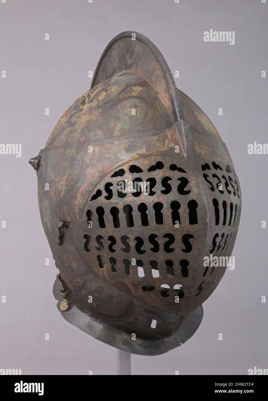 Arte ispirata dal casco Close, ca. 1575, francese, acciaio, oro, H. 10 poll. (25,4 cm); W. 7 7/8" (20,0 cm); D. 12 3/8" (31,4 cm); peso 3 libbre 8 once (1588 g), i caschi, la forma del pettine alto e lo stile dell'incisione identificano questo casco come un tipo distintivo francese delle opere classiche modernizzate da Artotop con un tuffo di modernità. Forme, colore e valore, impatto visivo accattivante sulle emozioni artistiche attraverso la libertà delle opere d'arte in modo contemporaneo. Un messaggio senza tempo che persegue una nuova direzione selvaggiamente creativa. Artisti che si rivolgono al supporto digitale e creano l'NFT Artotop Foto Stock