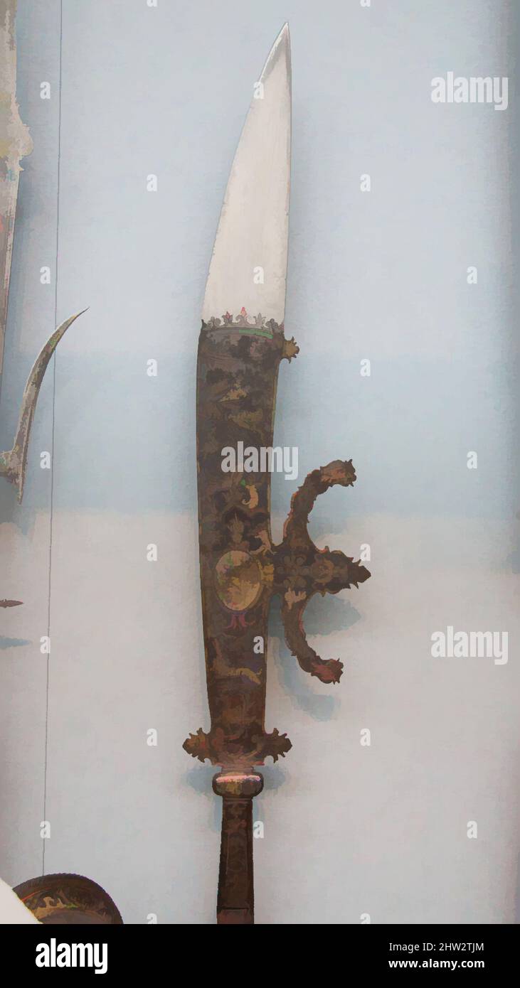 Arte ispirata a Glaive, ca. 1600–1650, Italiano, acciaio, oro, legno, L. 101 3/4 poll. (258,45 cm); L. di testa (escluse le cinghie) 34 1/8" (86,66 cm); W. maggiore 6 1/2" (16,51 cm); peso 7 libbre 4 once (3289 g), armi Shafted, opere classiche modernizzate da Artotop con un tuffo di modernità. Forme, colore e valore, impatto visivo accattivante sulle emozioni artistiche attraverso la libertà delle opere d'arte in modo contemporaneo. Un messaggio senza tempo che persegue una nuova direzione selvaggiamente creativa. Artisti che si rivolgono al supporto digitale e creano l'NFT Artotop Foto Stock