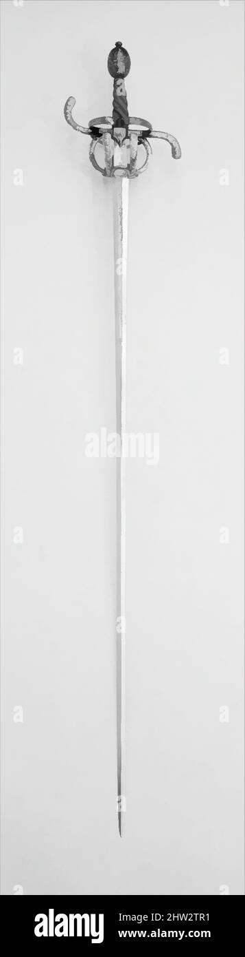 Arte ispirata da Rapier, ca. 1600, eventualmente Sassonia, tedesca, eventualmente Sassonia, acciaio, oro, argento, filo di ferro, legno, L. 50 poll. (127 cm); L. della lama da 44 3/16" (112,2 cm); W. 7 1/4" (18,4 cm); peso 2 libbre 9 once (1162 g), Spade, la forma di questo hilt è simile a quella di alcuni Sassoni, opere classiche modernizzate da Artotop con un tuffo di modernità. Forme, colore e valore, impatto visivo accattivante sulle emozioni artistiche attraverso la libertà delle opere d'arte in modo contemporaneo. Un messaggio senza tempo che persegue una nuova direzione selvaggiamente creativa. Artisti che si rivolgono al supporto digitale e creano l'NFT Artotop Foto Stock