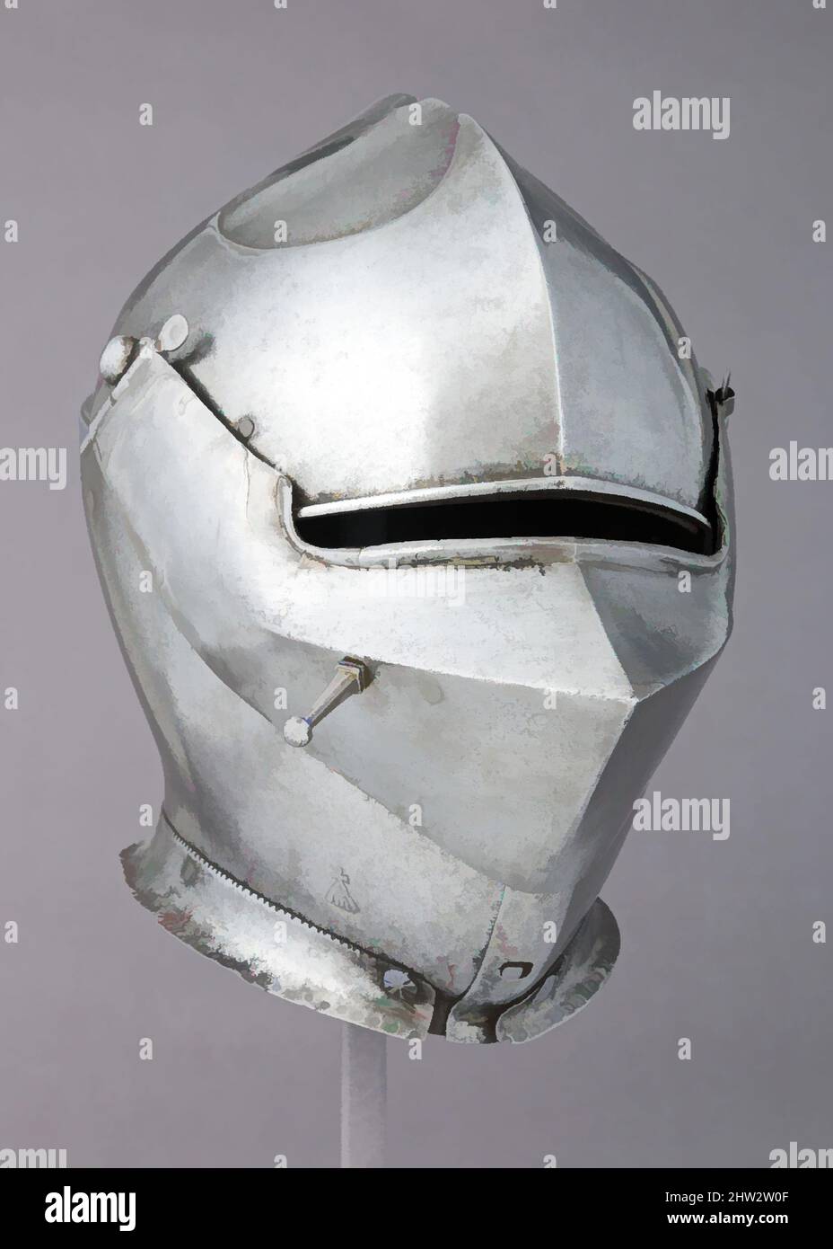 Arte ispirata ad Armet, ca. 1475, Milano, Italia, Milano, acciaio, H. 10 poll. (25,4 cm); W. 8 7/8" (22,53 cm); D. 12 1/4" (31,12 cm); peso 7 libbre 7 once (3374 g), caschi, questo è un esempio particolarmente buono della forma completamente sviluppata dell'armet italiano circa cinquant'anni dopo lo stile, opere classiche modernizzate da Artotop con un tuffo di modernità. Forme, colore e valore, impatto visivo accattivante sulle emozioni artistiche attraverso la libertà delle opere d'arte in modo contemporaneo. Un messaggio senza tempo che persegue una nuova direzione selvaggiamente creativa. Artisti che si rivolgono al supporto digitale e creano l'NFT Artotop Foto Stock