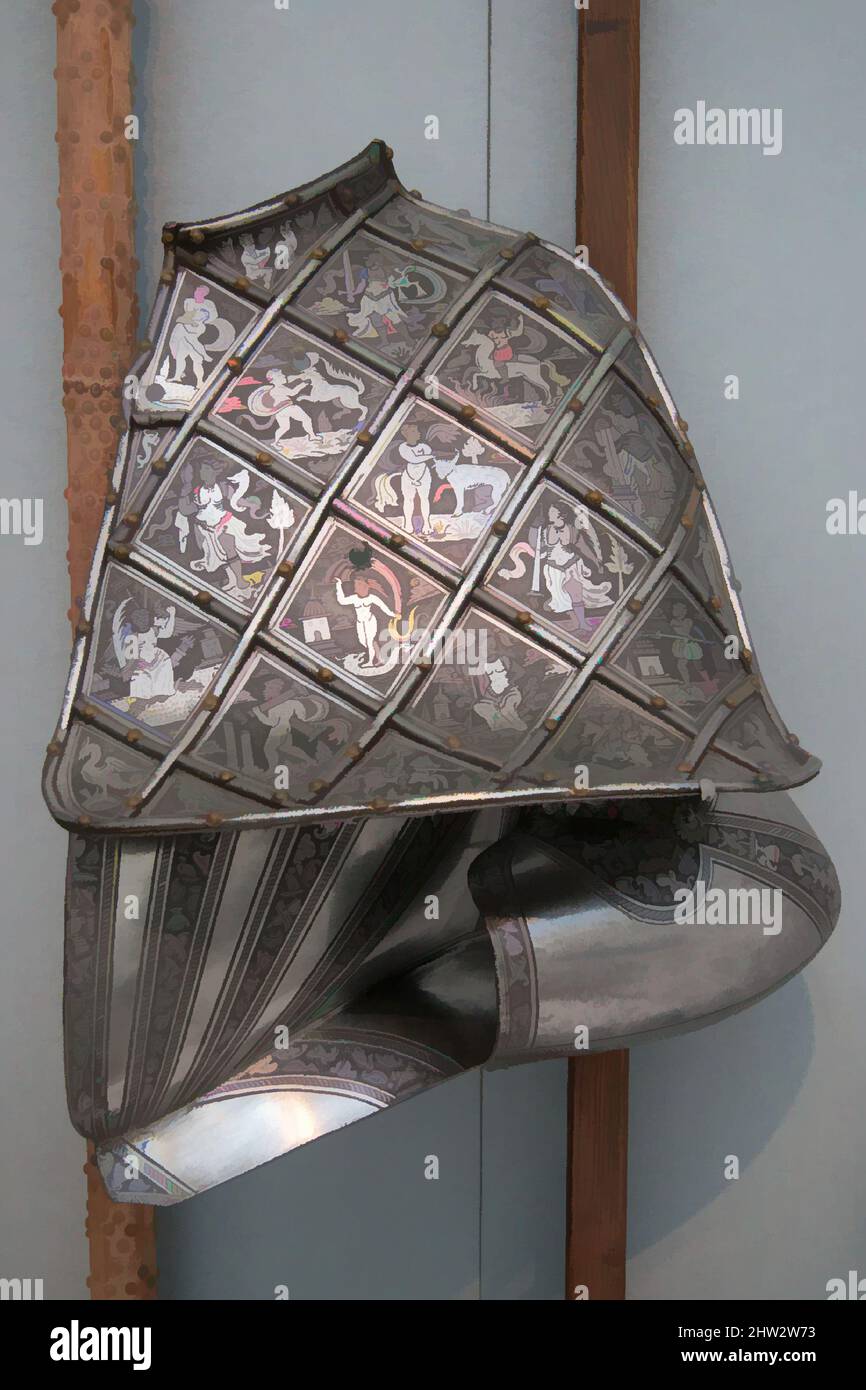Arte ispirata da Targe trellised (Shield), ca. 1570, italiano, acciaio, H. 15 3/4 poll. (40 cm); W. 14 1/2" (36,8 cm); peso 6 libbre 5,1 once (2866,1 g), varie, questo telone trellidato (scudo) fa parte di un'armatura insolitamente grande, che contiene pezzi per l'uso in battaglia e per, opere classiche modernizzate da Artotop con un tuffo di modernità. Forme, colore e valore, impatto visivo accattivante sulle emozioni artistiche attraverso la libertà delle opere d'arte in modo contemporaneo. Un messaggio senza tempo che persegue una nuova direzione selvaggiamente creativa. Artisti che si rivolgono al supporto digitale e creano l'NFT Artotop Foto Stock Arte ispirata da Targe trellised (Shield), ca. 1570, italiano, acciaio, H. 15 3/4 poll. (40 cm); W. 14 1/2" (36,8 cm); peso 6 libbre 5,1 once (2866,1 g), varie, questo telone trellidato (scudo) fa parte di un'armatura insolitamente grande, che contiene pezzi per l'uso in battaglia e per, opere classiche modernizzate da Artotop con un tuffo di modernità. Forme, colore e valore, impatto visivo accattivante sulle emozioni artistiche attraverso la libertà delle opere d'arte in modo contemporaneo. Un messaggio senza tempo che persegue una nuova direzione selvaggiamente creativa. Artisti che si rivolgono al supporto digitale e creano l'NFT Artotop Foto Stock