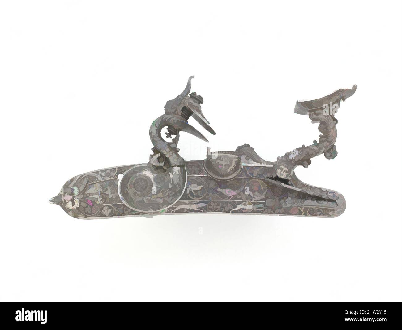 Arte ispirata a staccata Flintlock alla Fiorentina, datata 1679, Bargi, Italian, Bargi, Acciaio, H. 2 3/4 poll. (7,0 cm); W. 5 3/4" (14,6 cm), Firearms-Pistols-Snaphaunce, questa serratura è il primo pezzo datato da Acquaferesca, padre e figlio, che erano celebri pistoleri e maestri, opere classiche modernizzate da Artotop con un tuffo di modernità. Forme, colore e valore, impatto visivo accattivante sulle emozioni artistiche attraverso la libertà delle opere d'arte in modo contemporaneo. Un messaggio senza tempo che persegue una nuova direzione selvaggiamente creativa. Artisti che si rivolgono al supporto digitale e creano l'NFT Artotop Foto Stock