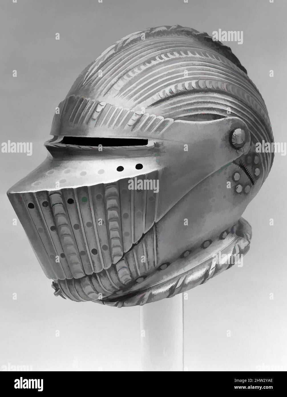 Arte ispirata al casco, ca. 1535, tedesco, acciaio, H. 10 poll. (25,4 cm); D. 13 1/4" (33,7 cm), i caschi, questo casco e l'armatura a cui appartiene formano un fine esempio tardivo di un'armatura flutita, fatta poco prima che lo stile usciva di moda. Si distingue per le sue insolitamente opere classiche modernizzate da Artotop con un tuffo di modernità. Forme, colore e valore, impatto visivo accattivante sulle emozioni artistiche attraverso la libertà delle opere d'arte in modo contemporaneo. Un messaggio senza tempo che persegue una nuova direzione selvaggiamente creativa. Artisti che si rivolgono al supporto digitale e creano l'NFT Artotop Foto Stock