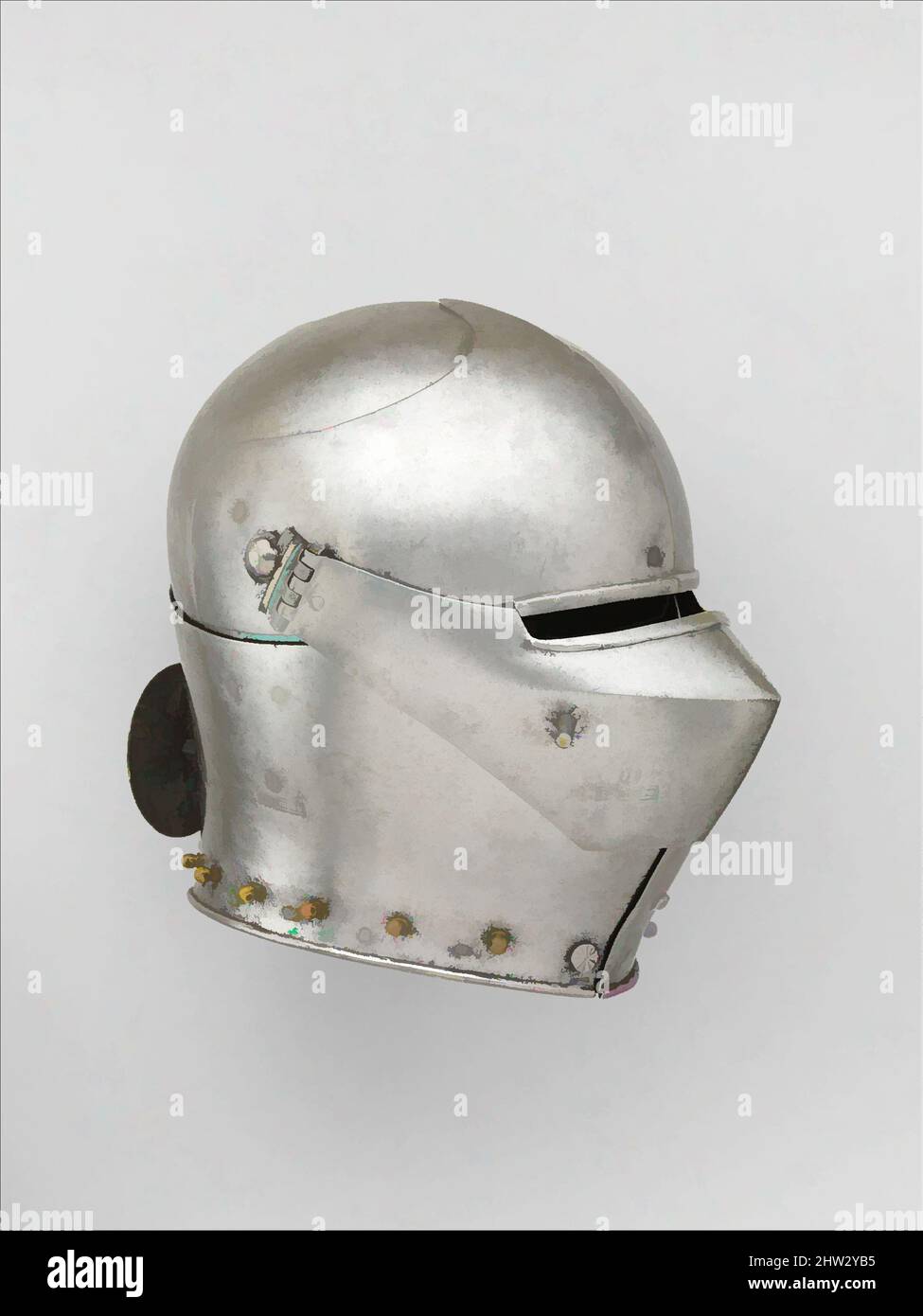 Arte ispirata ad Armet, ca. 1440, probabilmente Milano, Italiano, probabilmente Milano, acciaio, Lega di rame, H. 10 3/8 poll. (26,3 cm); W. 8 1/4" (21 cm); D. 11" (27,9 cm); peso 9 libbre 4 once (4196 g), caschi, questo è uno dei primi esempi completi di un armet, la caratteristica testata, opere classiche modernizzate da Artotop con un tuffo di modernità. Forme, colore e valore, impatto visivo accattivante sulle emozioni artistiche attraverso la libertà delle opere d'arte in modo contemporaneo. Un messaggio senza tempo che persegue una nuova direzione selvaggiamente creativa. Artisti che si rivolgono al supporto digitale e creano l'NFT Artotop Foto Stock