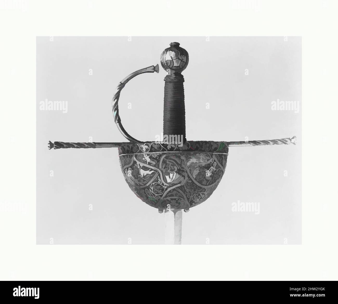 Arte ispirata a Cup-Hilted Rapier, ca. 1650, italiano, acciaio, L. 51 3/4 poll. (131,4 cm); L. della lama da 44 1/4" (112,4 cm); W. 11 1/4" (28,6 cm); D. 5" (12,7 cm); peso 2 libbre 9 once (1162,3 g), Swords, opere classiche modernizzate da Artotop con un tuffo di modernità. Forme, colore e valore, impatto visivo accattivante sulle emozioni artistiche attraverso la libertà delle opere d'arte in modo contemporaneo. Un messaggio senza tempo che persegue una nuova direzione selvaggiamente creativa. Artisti che si rivolgono al supporto digitale e creano l'NFT Artotop Foto Stock