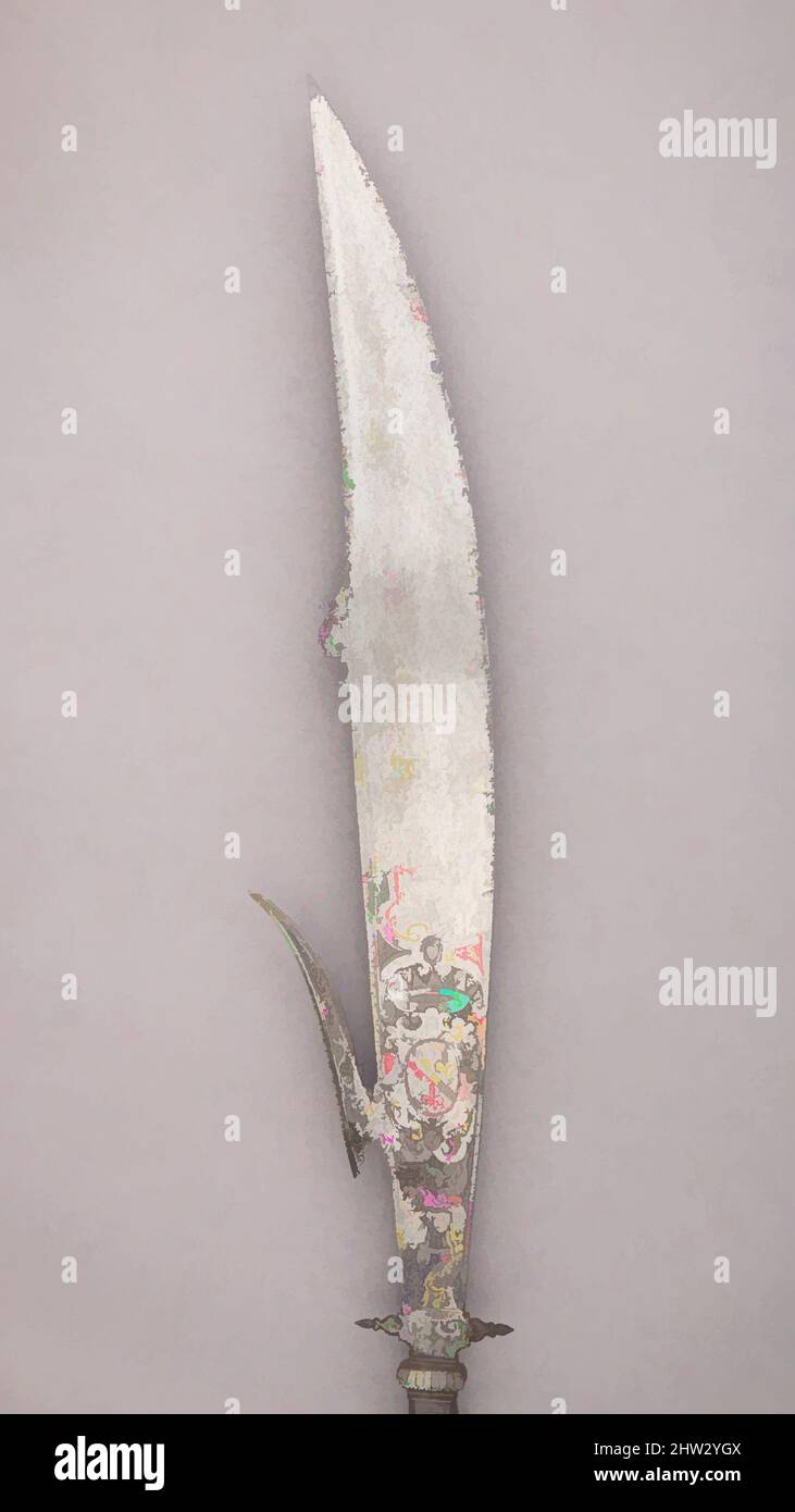 Arte ispirata da Fauchard, fine 16th secolo, probabilmente italiano, acciaio, legno, Tessuto, lega di rame, L. 91 3/4" (233 cm); L. della testa 35 5/16" (89,7 cm); W. 6" (15,3 cm); peso 5 libbre 13 once (2636,5 g), armi Shafted, opere classiche modernizzate da Artotop con un tuffo di modernità. Forme, colore e valore, impatto visivo accattivante sulle emozioni artistiche attraverso la libertà delle opere d'arte in modo contemporaneo. Un messaggio senza tempo che persegue una nuova direzione selvaggiamente creativa. Artisti che si rivolgono al supporto digitale e creano l'NFT Artotop Foto Stock