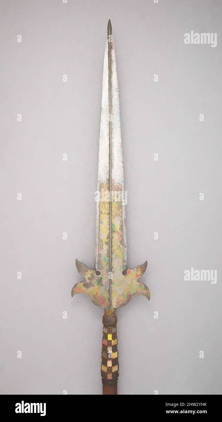 Arte di ispirazione partigiana, 16th secolo, italiana, acciaio, legno, oro, madreperla, L. 97 poll. (246,4 cm); L. della testa 29 1/4" (74,3 cm); W. 6 1/4" (15,9 cm); peso 4 libbre 14,5 once (2225,4 g), armi Shafted, opere classiche modernizzate da Artotop con un tuffo di modernità. Forme, colore e valore, impatto visivo accattivante sulle emozioni artistiche attraverso la libertà delle opere d'arte in modo contemporaneo. Un messaggio senza tempo che persegue una nuova direzione selvaggiamente creativa. Artisti che si rivolgono al supporto digitale e creano l'NFT Artotop Foto Stock