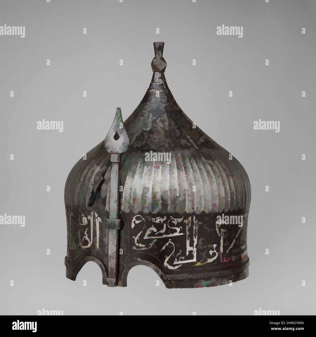 Arte ispirata dal casco, fine 15th–16th secolo, possibilmente Istanbul, Turchia, forse Istanbul, Nello stile delle armature turkman, acciaio, ferro, argento, lega di rame, H. incluso nasale da 14" (35,6 cm); H. escluso nasale da 12" (30,5 cm); W. 9 1/2" (24,1 cm); D. 10 1/8" (25,7 cm); WT, opere classiche modernizzate da Artotop con un tuffo di modernità. Forme, colore e valore, impatto visivo accattivante sulle emozioni artistiche attraverso la libertà delle opere d'arte in modo contemporaneo. Un messaggio senza tempo che persegue una nuova direzione selvaggiamente creativa. Artisti che si rivolgono al supporto digitale e creano l'NFT Artotop Foto Stock