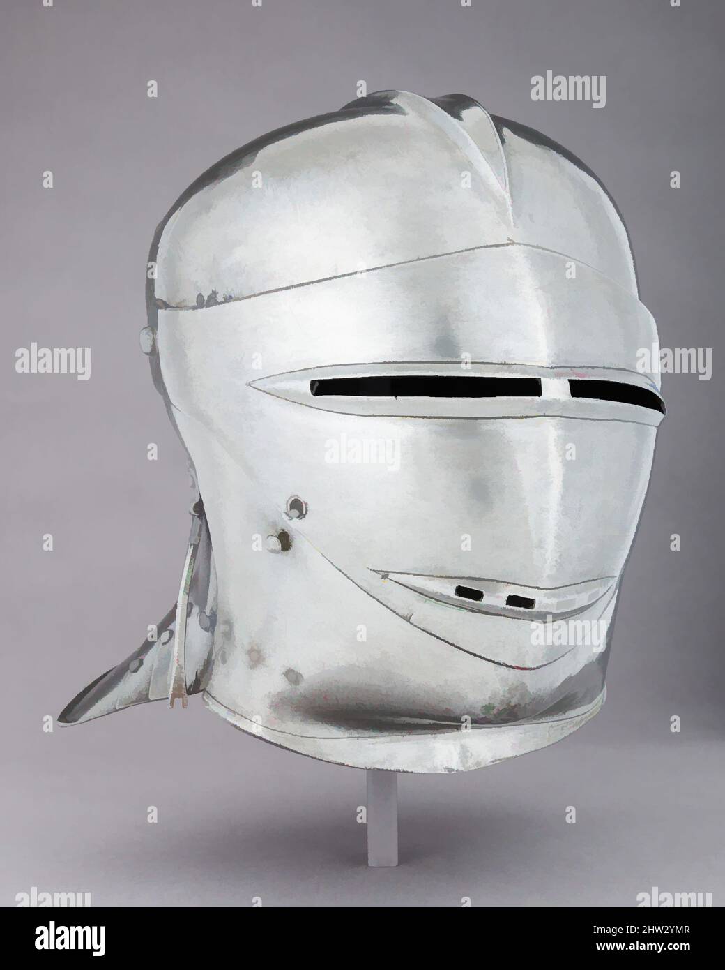 Arte ispirata ad Armet, ca. 1500, tedesco, acciaio, pelle, tessuto, H. 11 poll. (27,9 cm); W. 10 3/8" (26,4 cm); D. 11 1/2" (29,2 cm); peso 5 libbre 1 once (2296,3 kg), Caschi, opere classiche modernizzate da Artotop con un tuffo di modernità. Forme, colore e valore, impatto visivo accattivante sulle emozioni artistiche attraverso la libertà delle opere d'arte in modo contemporaneo. Un messaggio senza tempo che persegue una nuova direzione selvaggiamente creativa. Artisti che si rivolgono al supporto digitale e creano l'NFT Artotop Foto Stock