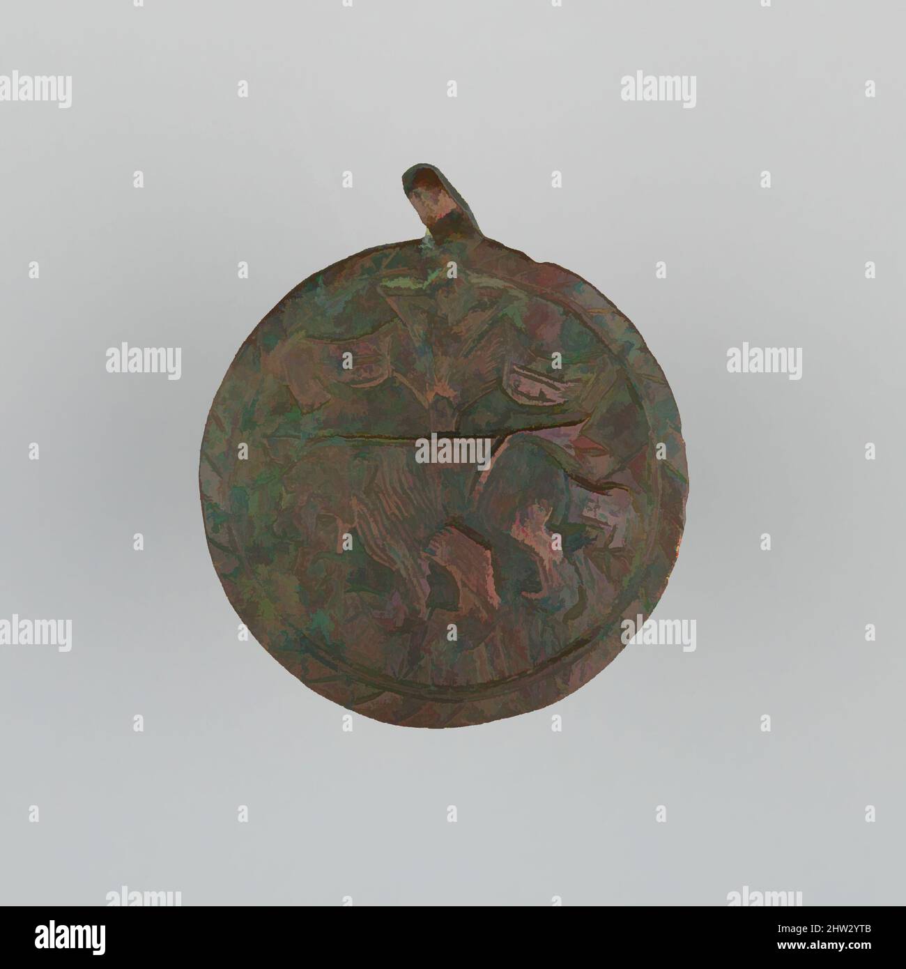 Arte ispirata da Badge (probabilmente da Horse Harness), 14th secolo, spagnolo, rame, oro, H. 2 5/8 poll. (6,7 cm); W. 2 3/8" (6 cm); peso 1,5 once (42,5 g), Miscellaneous-Badges, opere classiche modernizzate da Artotop con un tuffo di modernità. Forme, colore e valore, impatto visivo accattivante sulle emozioni artistiche attraverso la libertà delle opere d'arte in modo contemporaneo. Un messaggio senza tempo che persegue una nuova direzione selvaggiamente creativa. Artisti che si rivolgono al supporto digitale e creano l'NFT Artotop Foto Stock