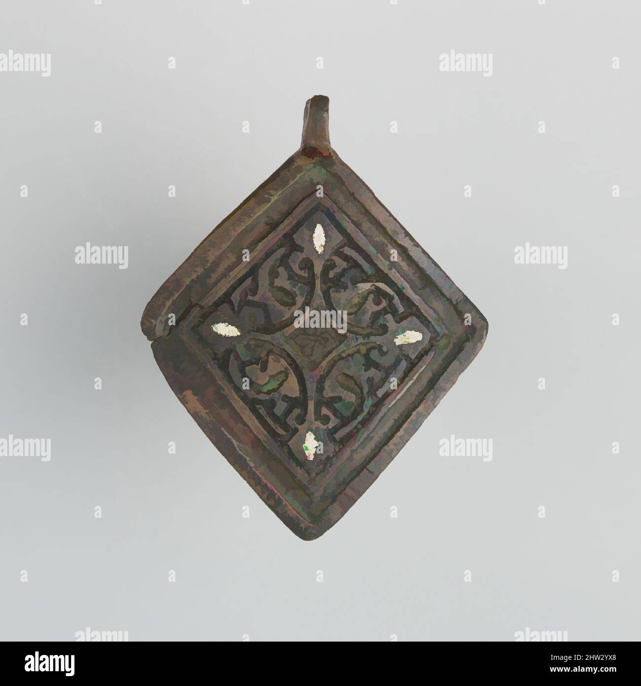 Arte ispirata da Badge (probabilmente da Horse Harness), 14th secolo, spagnolo, rame, oro, Smalto, H. 2 15/16 poll. (7,5 cm); W. 2 3/8" (6 cm); peso 1,5 once (42,5 g), Miscellaneous-Badges, opere classiche modernizzate da Artotop con un tuffo di modernità. Forme, colore e valore, impatto visivo accattivante sulle emozioni artistiche attraverso la libertà delle opere d'arte in modo contemporaneo. Un messaggio senza tempo che persegue una nuova direzione selvaggiamente creativa. Artisti che si rivolgono al supporto digitale e creano l'NFT Artotop Foto Stock