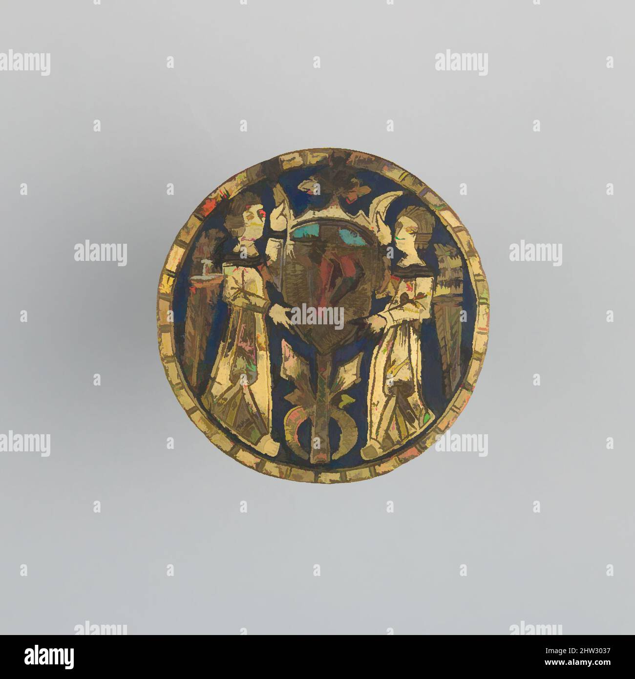 Arte ispirata da Badge (probabilmente da Horse Harness), 14th secolo, spagnolo, rame, oro, Smalto, Diam. 2 9/16 poll. (6,5 cm); peso 1,5 once (42,5 g), Miscellaneous-Badges, opere classiche modernizzate da Artotop con un tuffo di modernità. Forme, colore e valore, impatto visivo accattivante sulle emozioni artistiche attraverso la libertà delle opere d'arte in modo contemporaneo. Un messaggio senza tempo che persegue una nuova direzione selvaggiamente creativa. Artisti che si rivolgono al supporto digitale e creano l'NFT Artotop Foto Stock