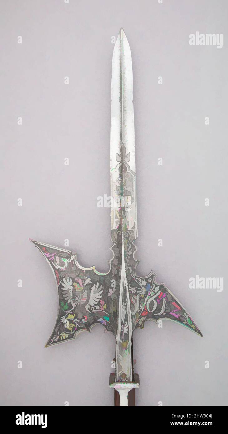 Arte ispirata da Halberd, datata 1612, austriaca, acciaio, legno, Ottone, L. 98 1/4 poll. (249,4 cm); L. della testa 24 7/8" (63,2 cm); W. 14" (35,5 cm); peso 7 libbre 13 once (3540 g), armi Shafted, opere classiche modernizzate da Artotop con un tuffo di modernità. Forme, colore e valore, impatto visivo accattivante sulle emozioni artistiche attraverso la libertà delle opere d'arte in modo contemporaneo. Un messaggio senza tempo che persegue una nuova direzione selvaggiamente creativa. Artisti che si rivolgono al supporto digitale e creano l'NFT Artotop Foto Stock