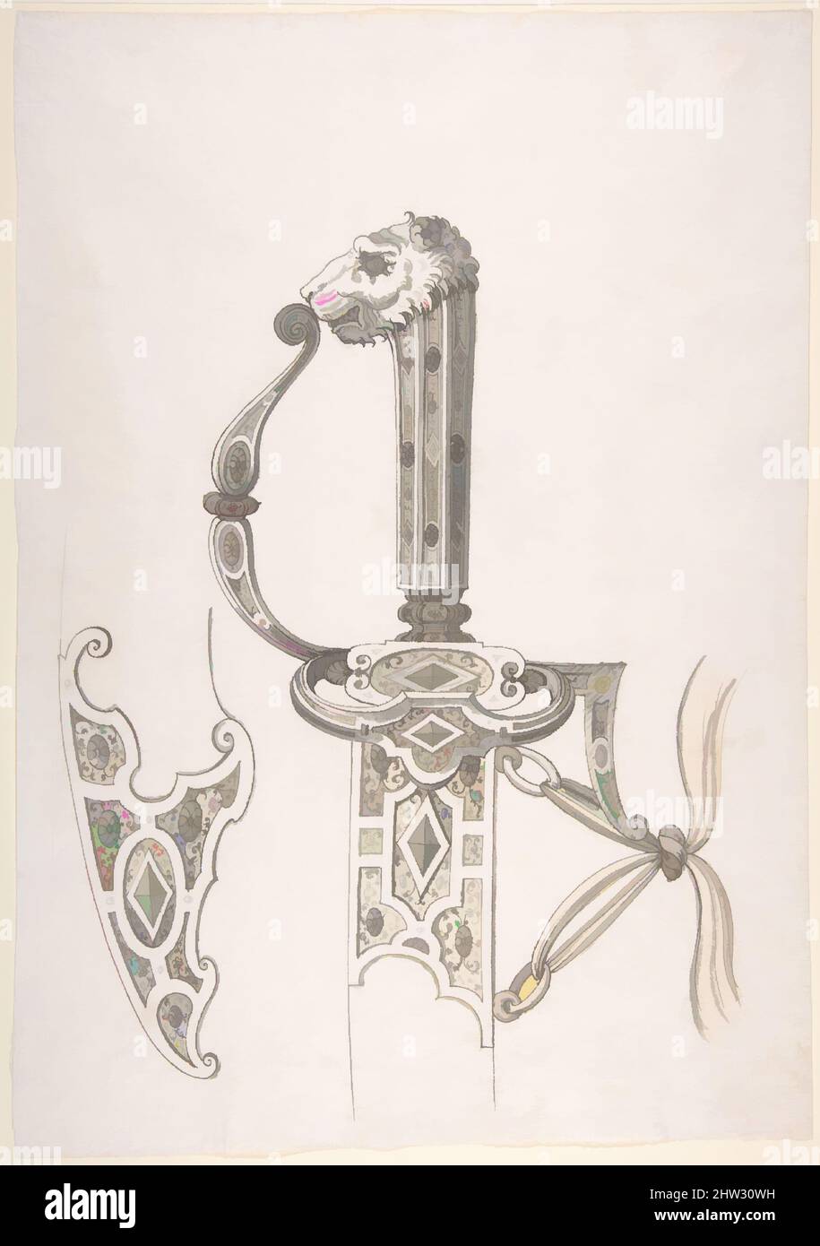 Arte ispirata dal disegno del disegno per la spada hilt e punta di scabbard (leone-Head Grip), seconda metà del 16th secolo, tedesco, inchiostro su carta, 16 x 11 3/8 pollici. (40,6 x 28,8 cm), opere su carta-disegni, opere classiche modernizzate da Artotop con un tuffo di modernità. Forme, colore e valore, impatto visivo accattivante sulle emozioni artistiche attraverso la libertà delle opere d'arte in modo contemporaneo. Un messaggio senza tempo che persegue una nuova direzione selvaggiamente creativa. Artisti che si rivolgono al supporto digitale e creano l'NFT Artotop Foto Stock