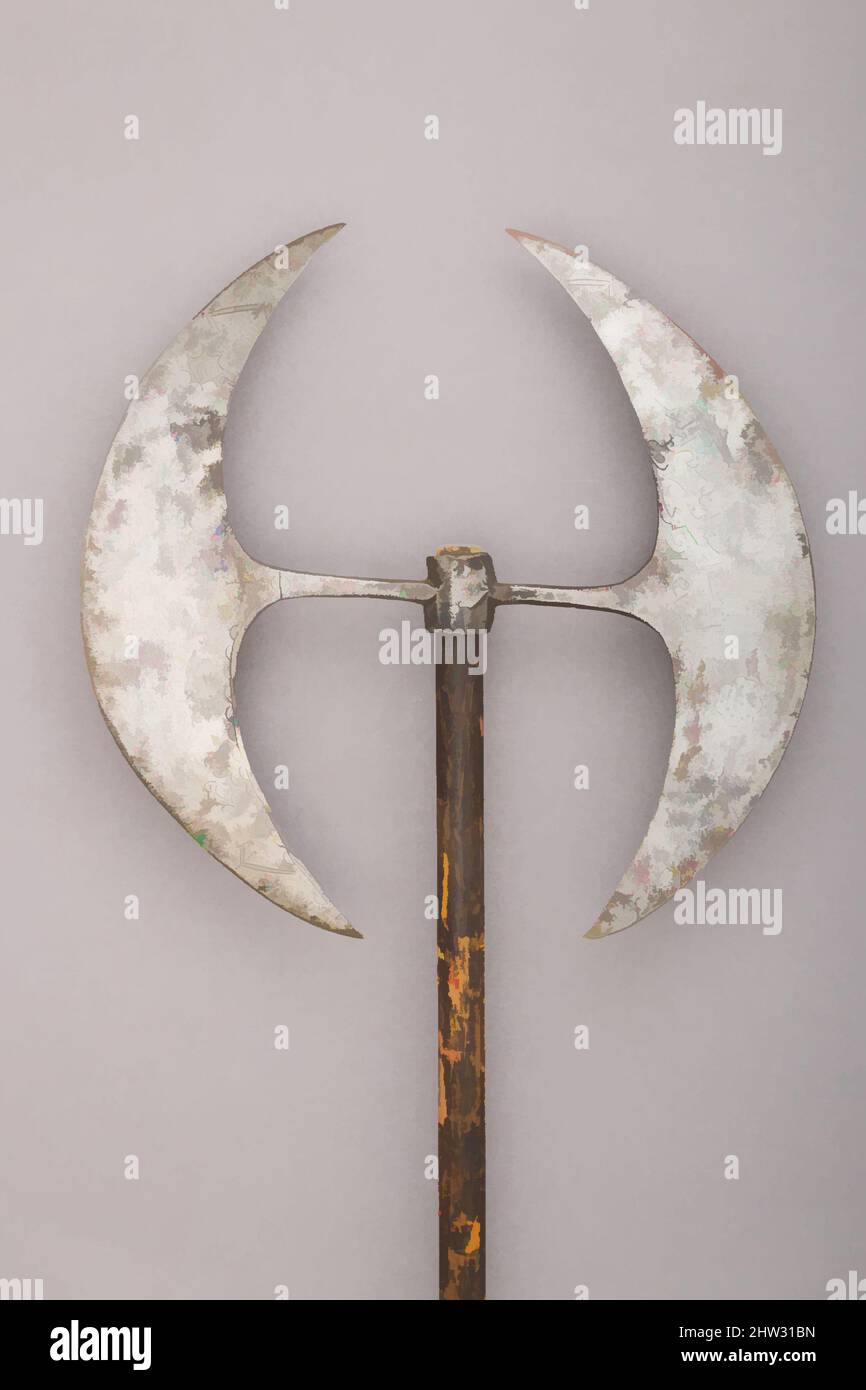 Arte ispirata da processionale a doppia lama Ax, lama 1170 A.H./1757 A.D.; albero moderno, indiano del nord, acciaio, legno, L. 50 poll. (127 cm); L. della testa 15 1/4" (38,7 cm); W. 15 1/2" (39,4 cm); peso 2 libbre 8,9 once (1159,5 g), armi Shafted, opere classiche modernizzate da Artotop con un tuffo di modernità. Forme, colore e valore, impatto visivo accattivante sulle emozioni artistiche attraverso la libertà delle opere d'arte in modo contemporaneo. Un messaggio senza tempo che persegue una nuova direzione selvaggiamente creativa. Artisti che si rivolgono al supporto digitale e creano l'NFT Artotop Foto Stock