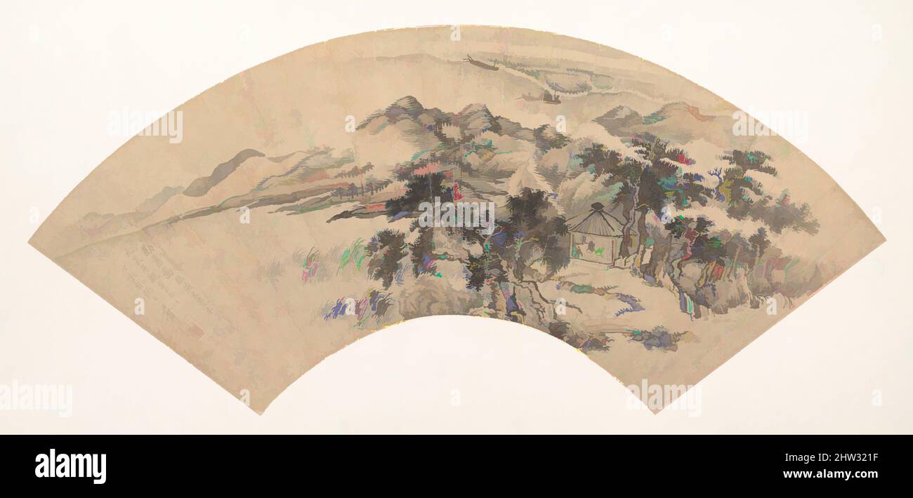 Arte ispirata al paesaggio nello stile di Yan Wengui, dinastia Qing (1644–1911), 18th secolo o più tardi, data spuria del 1707, Cina, ventola pieghevole montato come una foglia album; inchiostro e colore su carta, 6 1/2 x 19 1/4 pollici. (16,5 x 48,9 cm), dipinti, artista non identificato, dopo Wang Hui (, opere classiche modernizzate da Artotop con un tuffo di modernità. Forme, colore e valore, impatto visivo accattivante sulle emozioni artistiche attraverso la libertà delle opere d'arte in modo contemporaneo. Un messaggio senza tempo che persegue una nuova direzione selvaggiamente creativa. Artisti che si rivolgono al supporto digitale e creano l'NFT Artotop Foto Stock