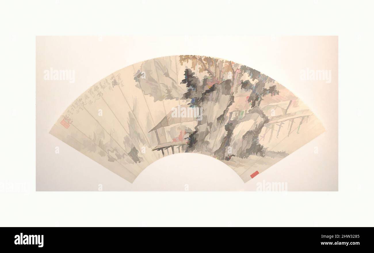 Arte ispirata a 近代 吳觀岱 山水人物 扇面, Landscape and Figure, inizio 20th secolo, Cina, ventola pieghevole montata come una foglia di album; inchiostro e colore su carta di allume, 7 5/16 x 20 3/4 pollici. (18,6 x 52,7 cm), dipinti, Wu Guandai (cinese, 1862–1929), Wu scrive nella sua iscrizione su questo fan che il, opere classiche modernizzate da Artotop con un tuffo di modernità. Forme, colore e valore, impatto visivo accattivante sulle emozioni artistiche attraverso la libertà delle opere d'arte in modo contemporaneo. Un messaggio senza tempo che persegue una nuova direzione selvaggiamente creativa. Artisti che si rivolgono al supporto digitale e creano l'NFT Artotop Foto Stock