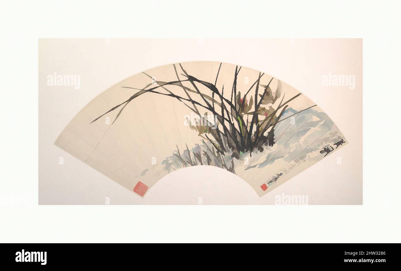 Arte ispirata da 近代 吳昌碩 蘭花 扇面, Orchid, inizio 20th secolo, Cina, Folding fan montato come una foglia album; inchiostro e colore su carta allume, 7 3/8 x 20 3/8 pollici. (18,7 x 51,8 cm), dipinti, Wu Changshuo (cinese, 1844–1927), Orchidee sono un emblema di tranquilla, anche nascosta virtù, e un soggetto bene, opere classiche modernizzate da Artotop con un tuffo di modernità. Forme, colore e valore, impatto visivo accattivante sulle emozioni artistiche attraverso la libertà delle opere d'arte in modo contemporaneo. Un messaggio senza tempo che persegue una nuova direzione selvaggiamente creativa. Artisti che si rivolgono al supporto digitale e creano l'NFT Artotop Foto Stock