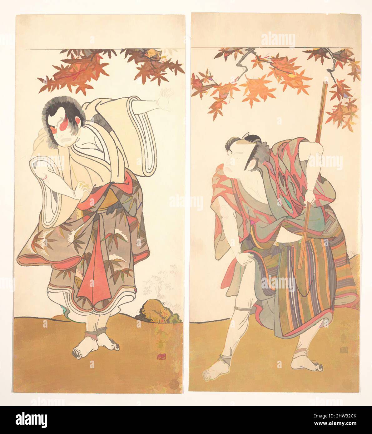 Arte ispirata dagli attori Ichimura Uzaemon e Arashi Sangorō, periodo Edo (1615-1868), ca. 1773, Giappone, Dittico di stampe policrome a blocchi di legno; inchiostro e colore su carta, tuta: H. 12 5/16" (31,3 cm); W. 11" (27,9 cm), stampe, Katsukawa Shunshō (giapponese, 1726–1792, opere classiche modernizzate da Artotop con un tuffo di modernità. Forme, colore e valore, impatto visivo accattivante sulle emozioni artistiche attraverso la libertà delle opere d'arte in modo contemporaneo. Un messaggio senza tempo che persegue una nuova direzione selvaggiamente creativa. Artisti che si rivolgono al supporto digitale e creano l'NFT Artotop Foto Stock