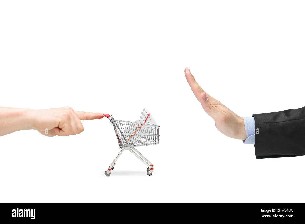 Un dito che spinge un carrello con un grafico a barre all'interno e la mano maschile gesturing stop isolato su sfondo bianco Foto Stock