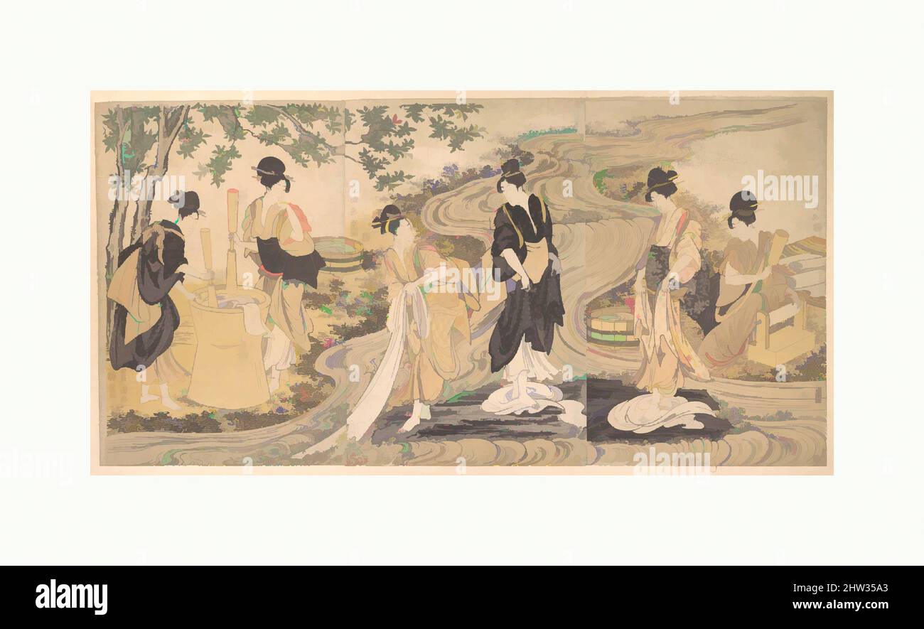 Arte ispirata da Tetsukuri no Tamagawa sulla pianura del Musashino, periodo Edo (1615-1868), ca. 1800, Giappone, Trittico di blocchi di legno policromi stampa; inchiostro e colore su carta, 15 1/2 x 30 1/8 pollici (39,4 x 76,5 cm), stampe, Utagawa Toyokuni i (giapponese, 1769–1825), questo trittico ha un occhio-, opere classiche modernizzate da Artotop con un tuffo di modernità. Forme, colore e valore, impatto visivo accattivante sulle emozioni artistiche attraverso la libertà delle opere d'arte in modo contemporaneo. Un messaggio senza tempo che persegue una nuova direzione selvaggiamente creativa. Artisti che si rivolgono al supporto digitale e creano l'NFT Artotop Foto Stock