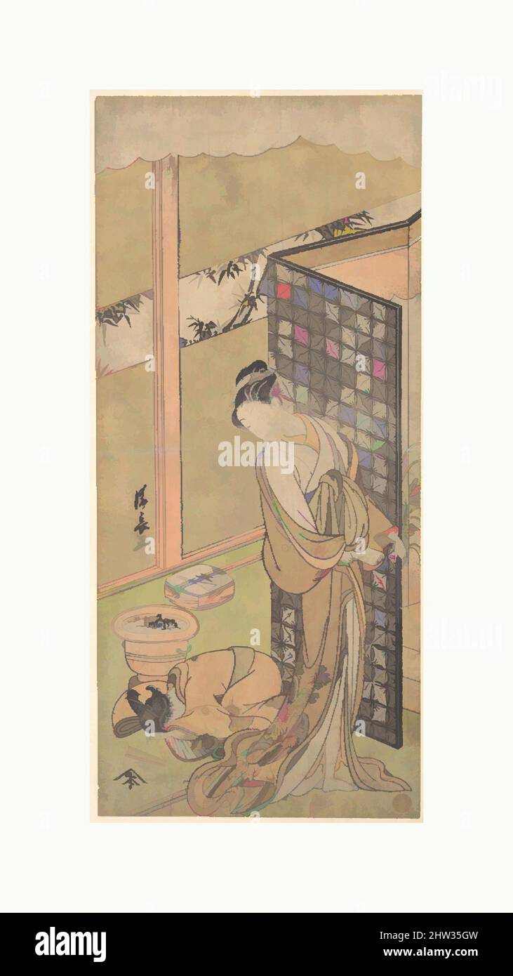 Arte ispirata a un'opera di Oiran in Night, in pausa, con una mano sullo schermo che circonda il suo letto, periodo Edo (1615–1868), ca. 1770, Giappone, stampa a blocchi di legno policromi; inchiostro e colore su carta, 12 11/32 x 5 17/32 pollici (31,4 x 14,1 cm), stampe, Torii Kiyonaga (giapponese, 1752–1815, opere classiche modernizzate da Artotop con un tuffo di modernità. Forme, colore e valore, impatto visivo accattivante sulle emozioni artistiche attraverso la libertà delle opere d'arte in modo contemporaneo. Un messaggio senza tempo che persegue una nuova direzione selvaggiamente creativa. Artisti che si rivolgono al supporto digitale e creano l'NFT Artotop Foto Stock