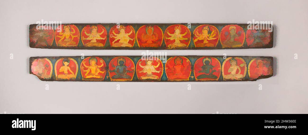 Arte ispirata da due copertine manoscritte con divinità buddiste, periodo Thakuri, 11th–12th secolo, Nepal (Valle di Kathmandu), inchiostro e colore su legno, 2 1/4 x 21 3/16 pollici (5,7 x 53,8 cm), dipinti, questo paio di copertine manoscritte dipinte in legno mostra una serie di divinità buddiste sedute, opere classiche modernizzate da Artotop con un tuffo di modernità. Forme, colore e valore, impatto visivo accattivante sulle emozioni artistiche attraverso la libertà delle opere d'arte in modo contemporaneo. Un messaggio senza tempo che persegue una nuova direzione selvaggiamente creativa. Artisti che si rivolgono al supporto digitale e creano l'NFT Artotop Foto Stock