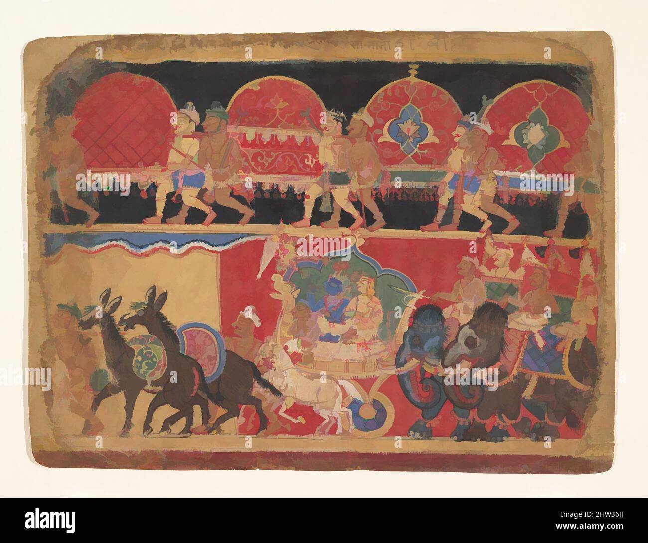 Arte ispirata da Krishna e Kshatriya Maidens procedere a Dvaraka: Pagina da una serie Bhagavata Purana, primo Rajput -stile Chaurapanchasika, ca. 1520–30, India (area Delhi-Agra), inchiostro e acquerello opaco su carta, immagine: 6 3/4 poll. x 9 poll. (17,1 x 22,9 cm), dipinti, SA Nana, in, opere classiche modernizzate da Artotop con un tuffo di modernità. Forme, colore e valore, impatto visivo accattivante sulle emozioni artistiche attraverso la libertà delle opere d'arte in modo contemporaneo. Un messaggio senza tempo che persegue una nuova direzione selvaggiamente creativa. Artisti che si rivolgono al supporto digitale e creano l'NFT Artotop Foto Stock