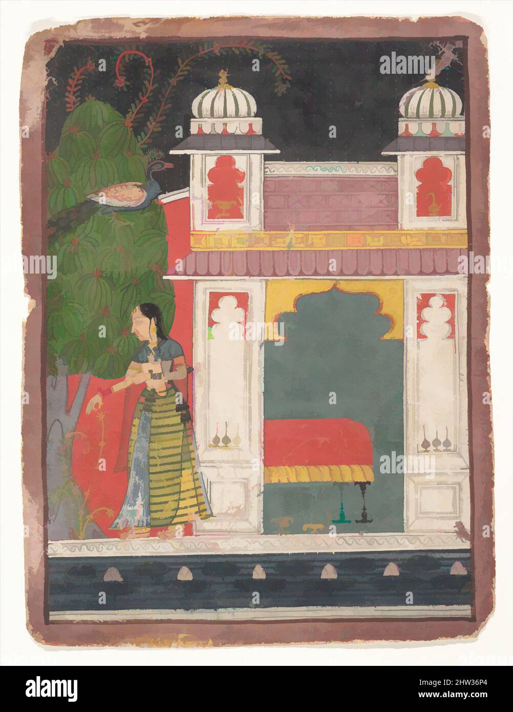 Arte ispirata da un'eroina Pucking un Fiore: Pagina da un Nayikabheda disperso, ca. 1660–80, India (Madhya Pradesh, Malwa), inchiostro e acquerello opaco su carta, 8 3/8 x 6 3/16 pollici (21,3 x 15,7 cm), dipinti, l'artista ha instillato questo dipinto con un'iconografia di desiderio: Le opere vuote, classiche modernizzate da Artotop con un tuffo di modernità. Forme, colore e valore, impatto visivo accattivante sulle emozioni artistiche attraverso la libertà delle opere d'arte in modo contemporaneo. Un messaggio senza tempo che persegue una nuova direzione selvaggiamente creativa. Artisti che si rivolgono al supporto digitale e creano l'NFT Artotop Foto Stock