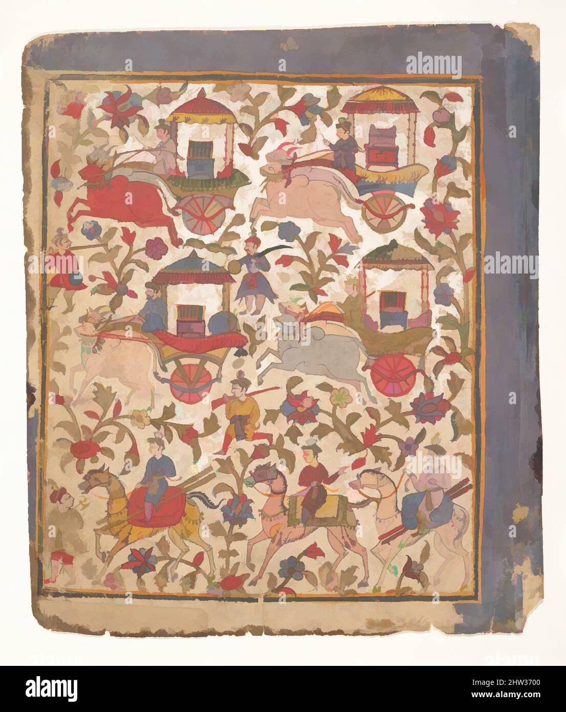 Arte ispirata dalla processione di carrozze che portano il tesoro: Pagina da un disperso manoscritto Bhagavata Purana, ca. 1640–50, India (Gujarat), inchiostro e acquerello opaco su carta, immagine: 9 poll. x 7 1/2 poll. (22,9 x 19,1 cm), dipinti, questa scena di booty recuperato si riferisce ad una delle molte, opere classiche modernizzate da Artotop con un tuffo di modernità. Forme, colore e valore, impatto visivo accattivante sulle emozioni artistiche attraverso la libertà delle opere d'arte in modo contemporaneo. Un messaggio senza tempo che persegue una nuova direzione selvaggiamente creativa. Artisti che si rivolgono al supporto digitale e creano l'NFT Artotop Foto Stock