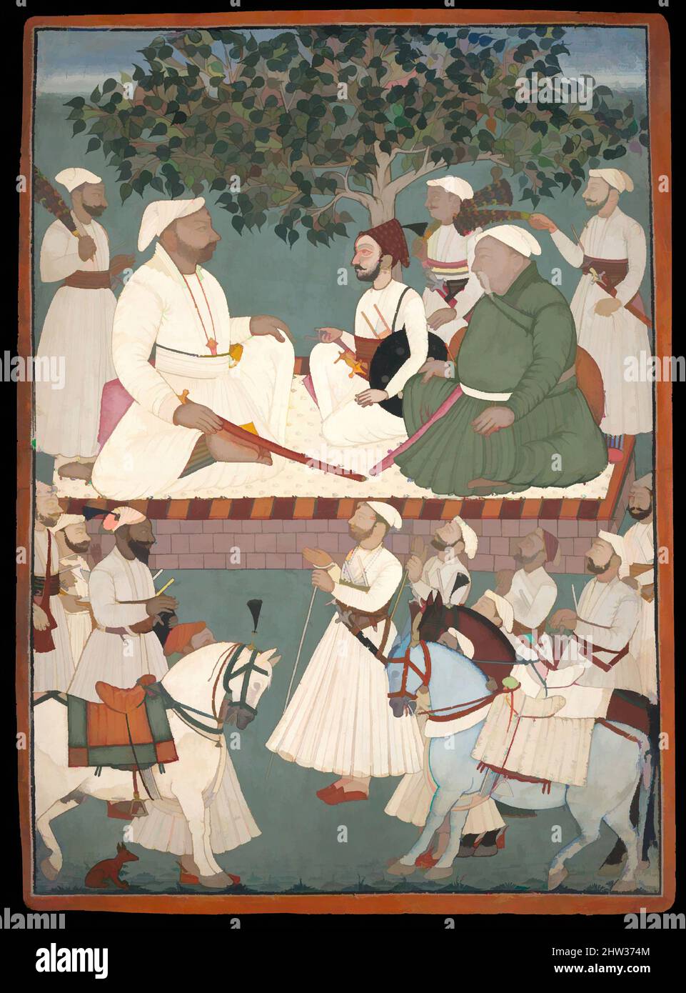 Arte ispirata da Maharaja Sidh Sen che riceve un'ambasciata, ca. 1700–10, India (Himachal Pradesh, Mandi), inchiostro e acquerello opaco su carta, 14 9/16 x 10 5/8 pollici (37 x 27 cm), dipinti, un Maestro dell'atelier Mandi (indiano), la tavolozza di grigi, verdi, bianchi e, opere classiche modernizzate da Artotop con un tuffo di modernità. Forme, colore e valore, impatto visivo accattivante sulle emozioni artistiche attraverso la libertà delle opere d'arte in modo contemporaneo. Un messaggio senza tempo che persegue una nuova direzione selvaggiamente creativa. Artisti che si rivolgono al supporto digitale e creano l'NFT Artotop Foto Stock