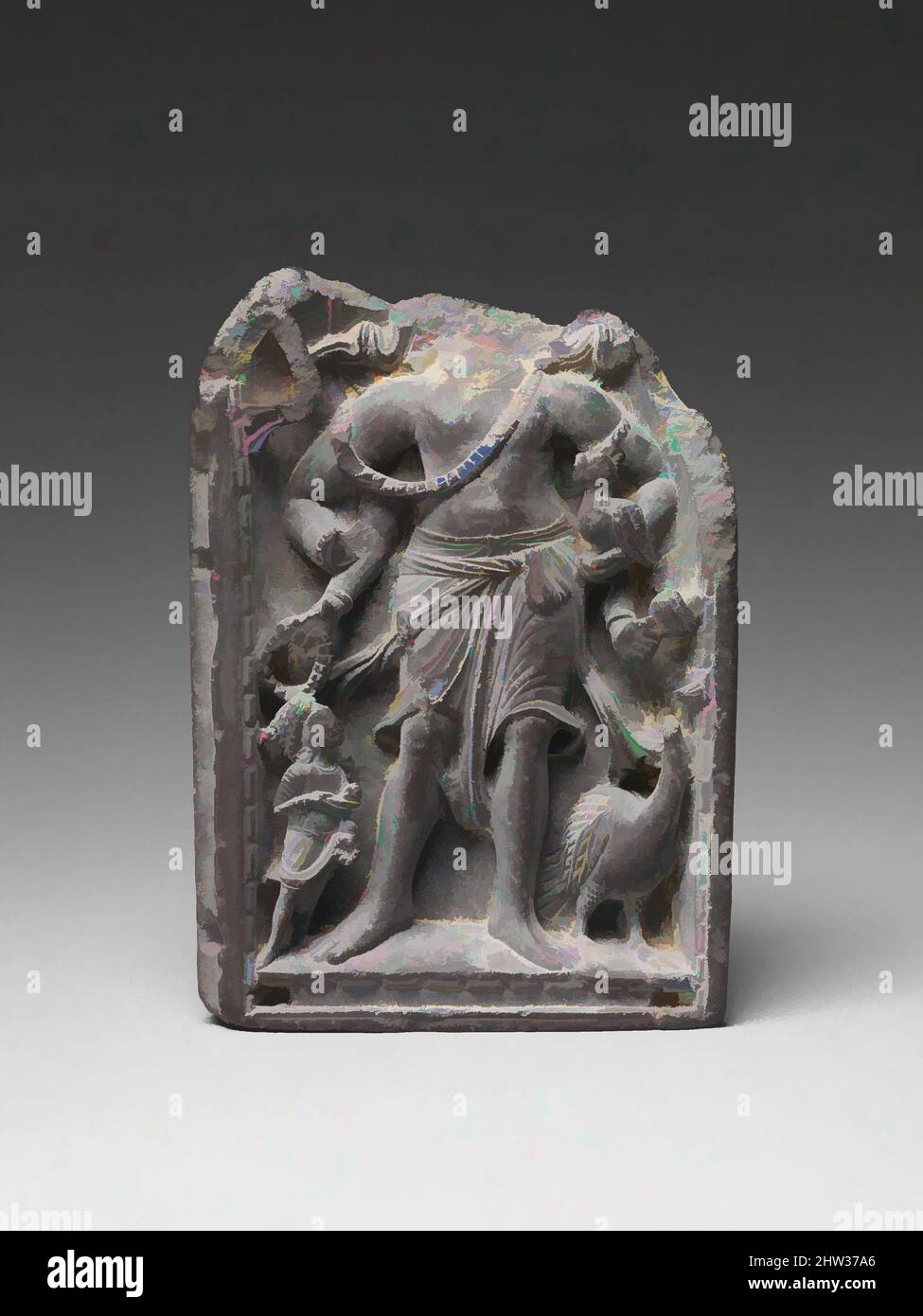 Arte ispirata da pannello di un Santuario portatile con Karttikeya, il Dio della guerra, 6th secolo, Pakistan (regione antica di Gandhara), schist, H. 3 7/8 in. (9,8 cm), scultura, qui, il dio della guerra Karttikeya, figlio maggiore di Shiva e Parvati, è accompagnato da un pavone, il suo veicolo, e a, opere classiche modernizzate da Artotop con un tuffo di modernità. Forme, colore e valore, impatto visivo accattivante sulle emozioni artistiche attraverso la libertà delle opere d'arte in modo contemporaneo. Un messaggio senza tempo che persegue una nuova direzione selvaggiamente creativa. Artisti che si rivolgono al supporto digitale e creano l'NFT Artotop Foto Stock